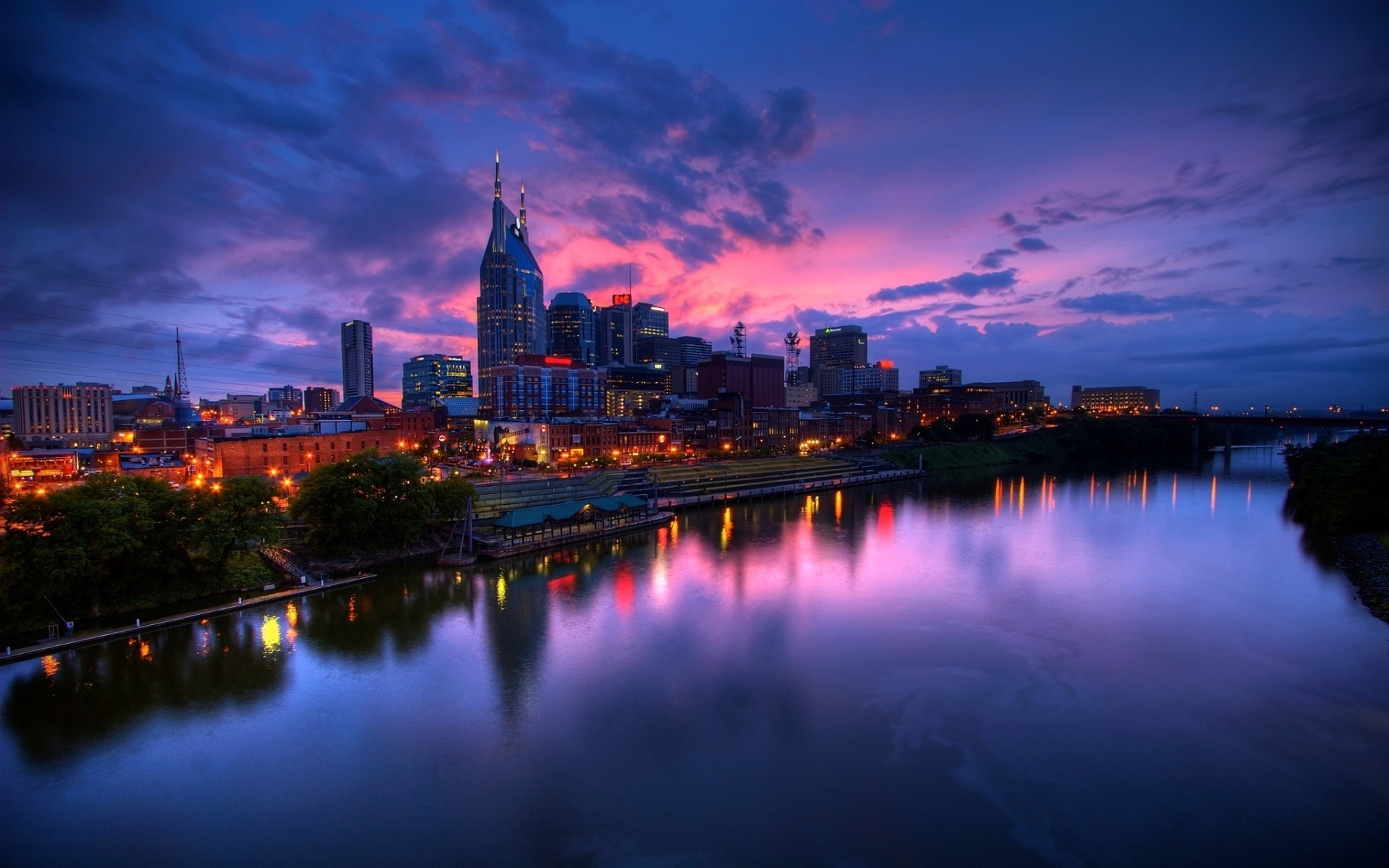 Cumberland, Dusk, River, Light, Nashville, lights, 1080P, HD Wallpaper