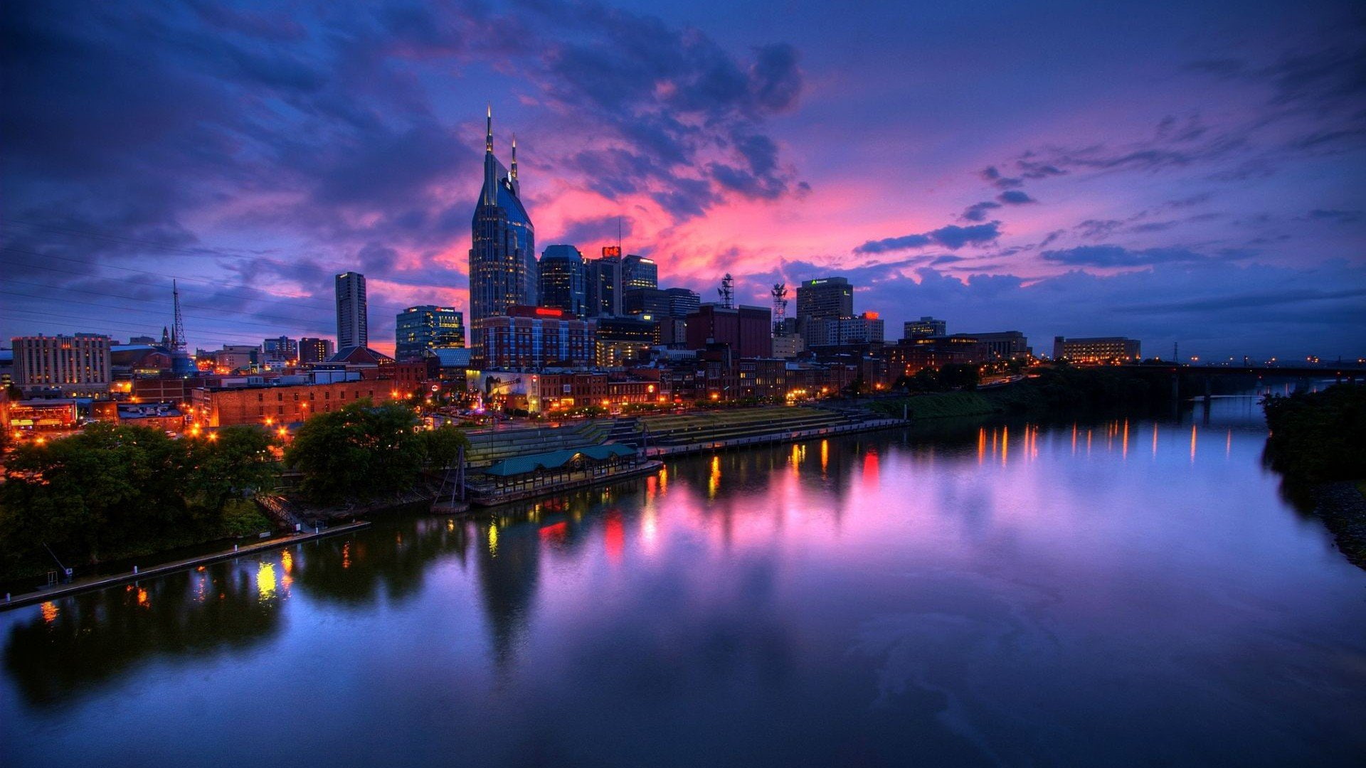 modern, city nashville tennessee, outdoors, water, city, nature, office building exterior, 1080P, architecture, dusk, urban skyline, skyscraper, reflection, HD Wallpaper