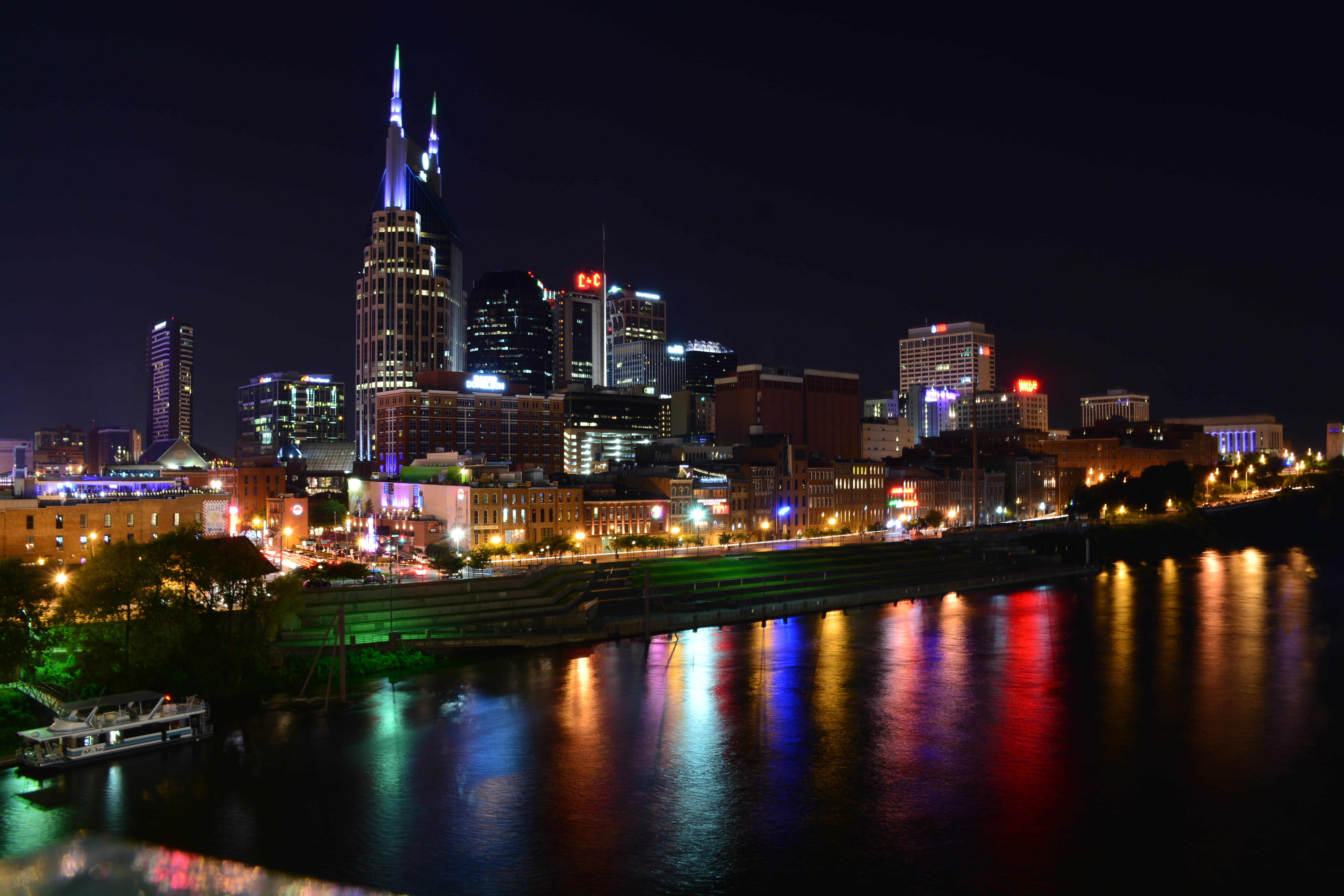 illuminated, financial district, sky, building exterior, skyscraper, office building exterior, river, no people, built structure, united states, tall - high, HD Wallpaper