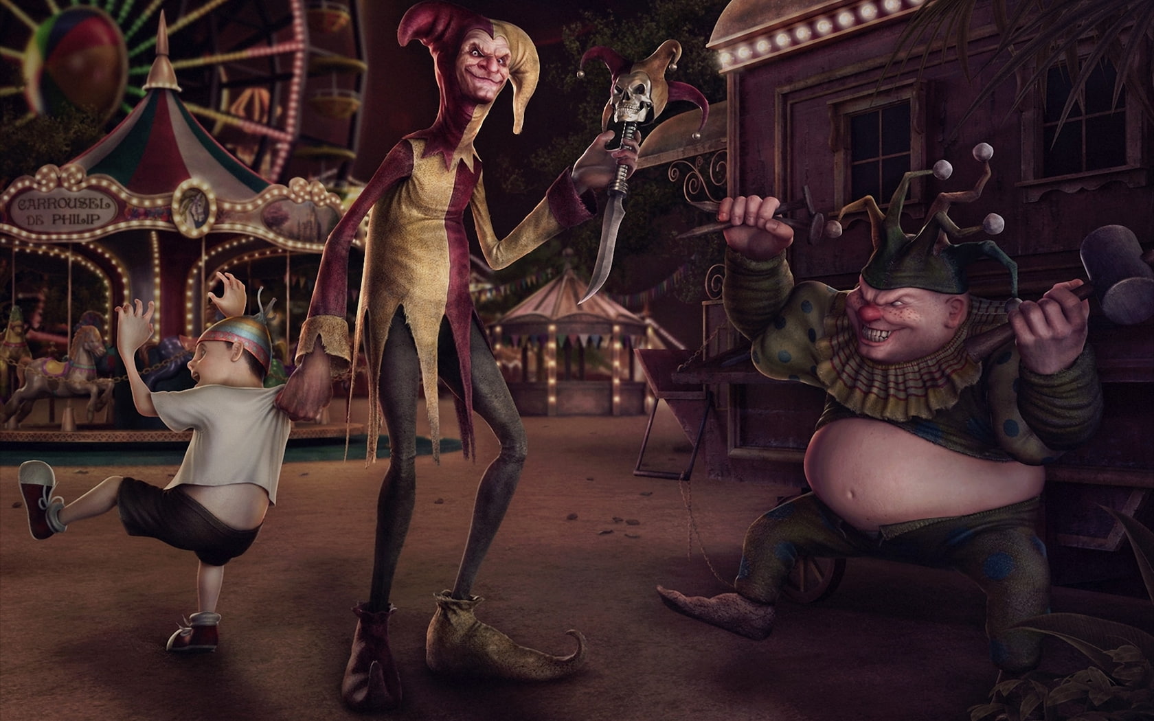 Evil, weapon, Carousel, hammer, skull, Clowns, number, 720P, art, knife, danger, boy, HD Wallpaper