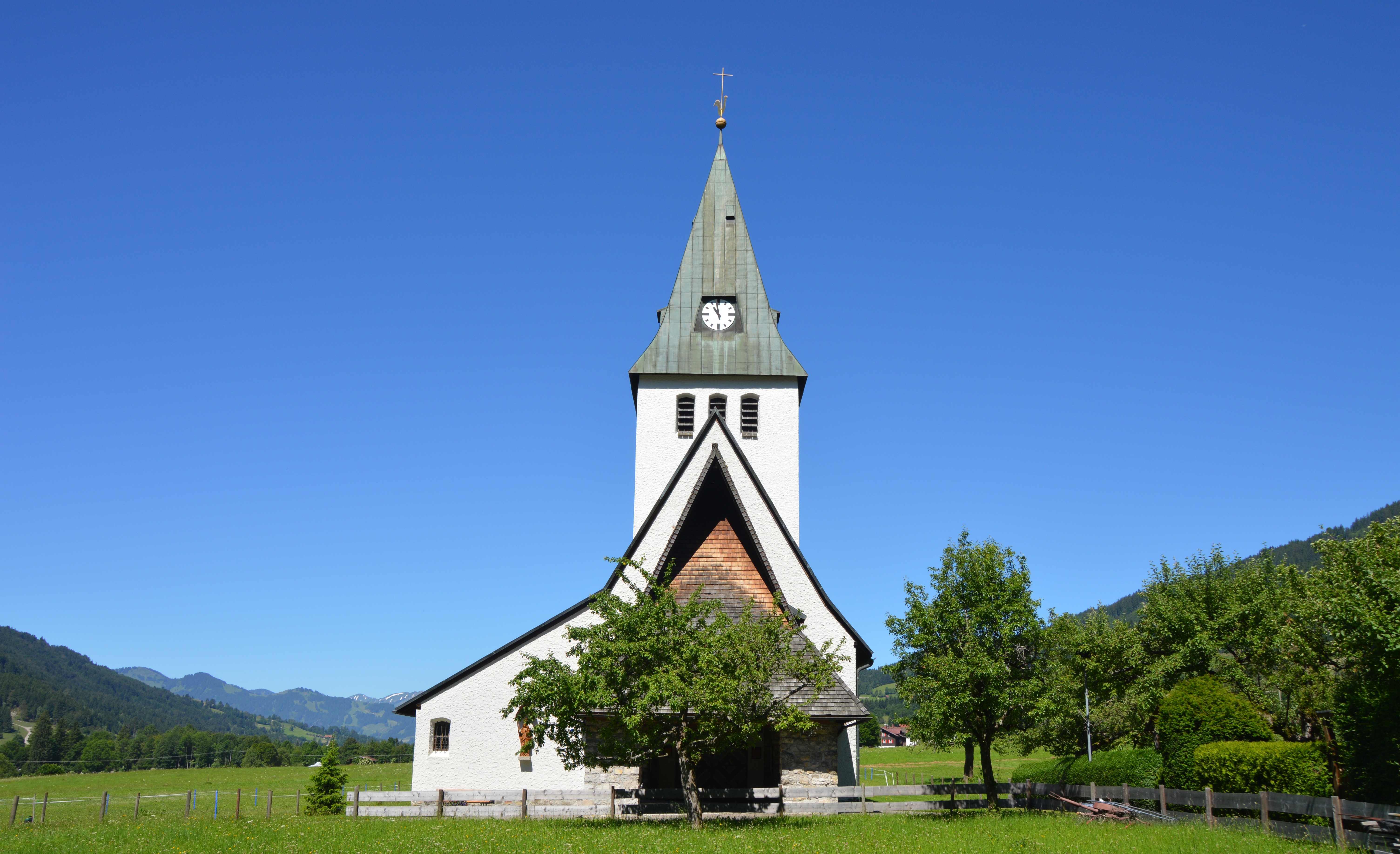 meadow, leave, sky, oberallgäu, allgäu, tree, religion, day, entity, landscape, building, outdoors, place of worship, built structure, wedding, tower, village, HD Wallpaper