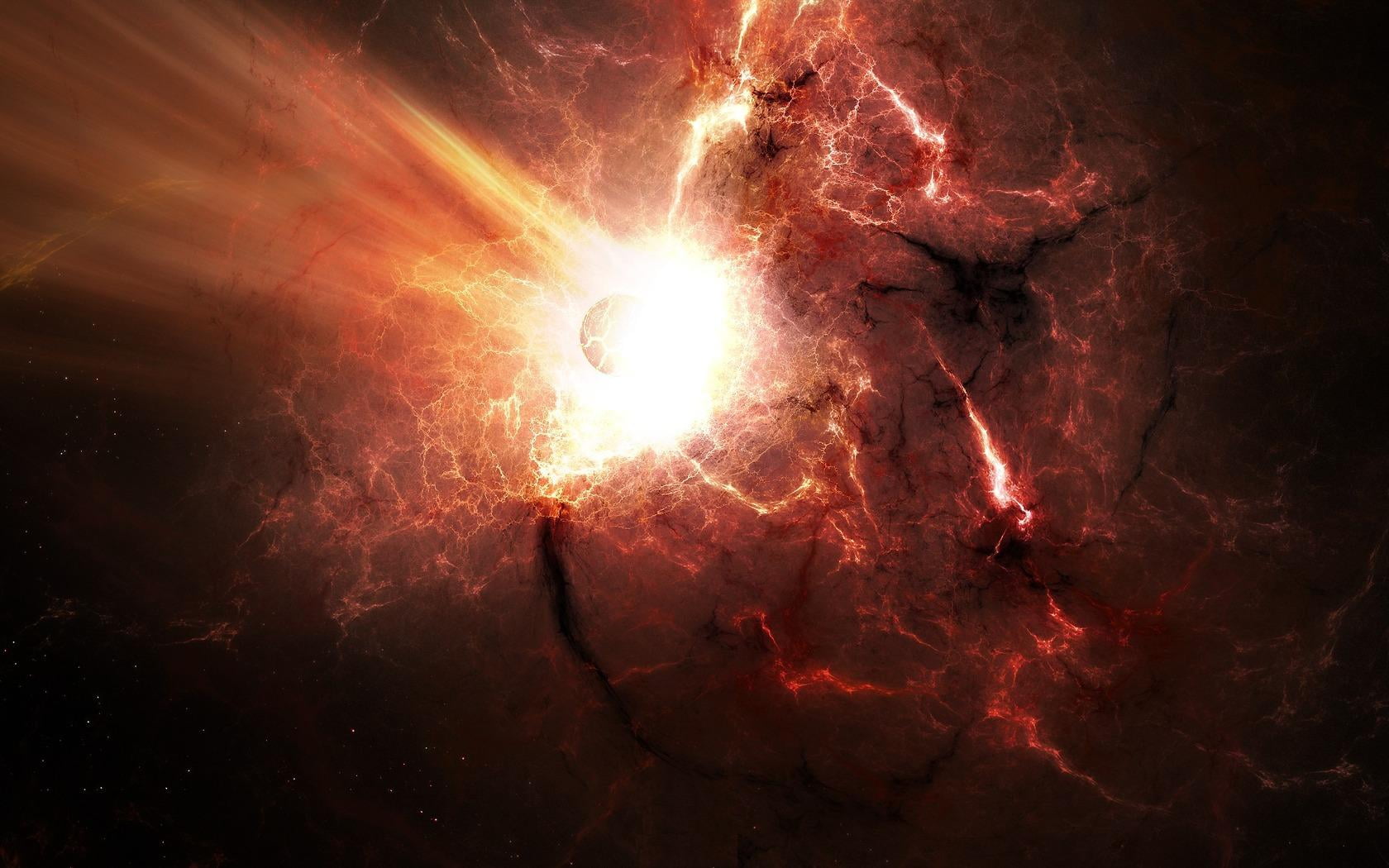 720P, Space, glowing, fire, ball, dark, flame, exploding, night, fire - natural phenomenon, illustration, outdoors, planet, red, celebration, entity, no people, HD Wallpaper
