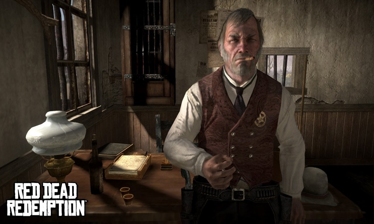 looking at camera, males, Red Dead, working, indoors, one person, mature adult, occupation, Cowboy, apron, Sheriff, standing, 720P, adult, mature men, HD Wallpaper