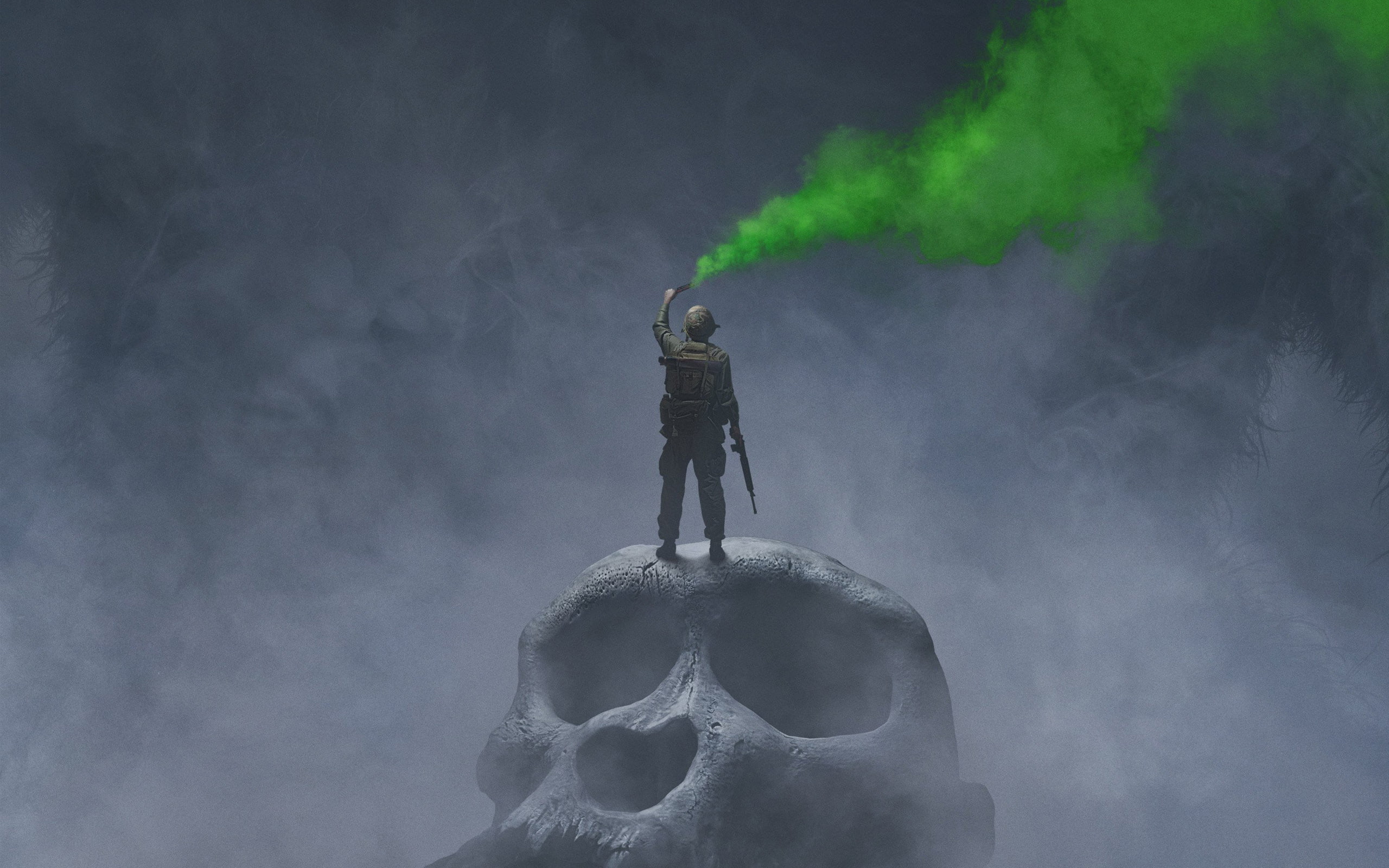 soldiers, King Kong: skull Island, huge, green, poster, 2K, skull, smoke, weapons, Kong: Skull Island, fantasy, fog, HD Wallpaper