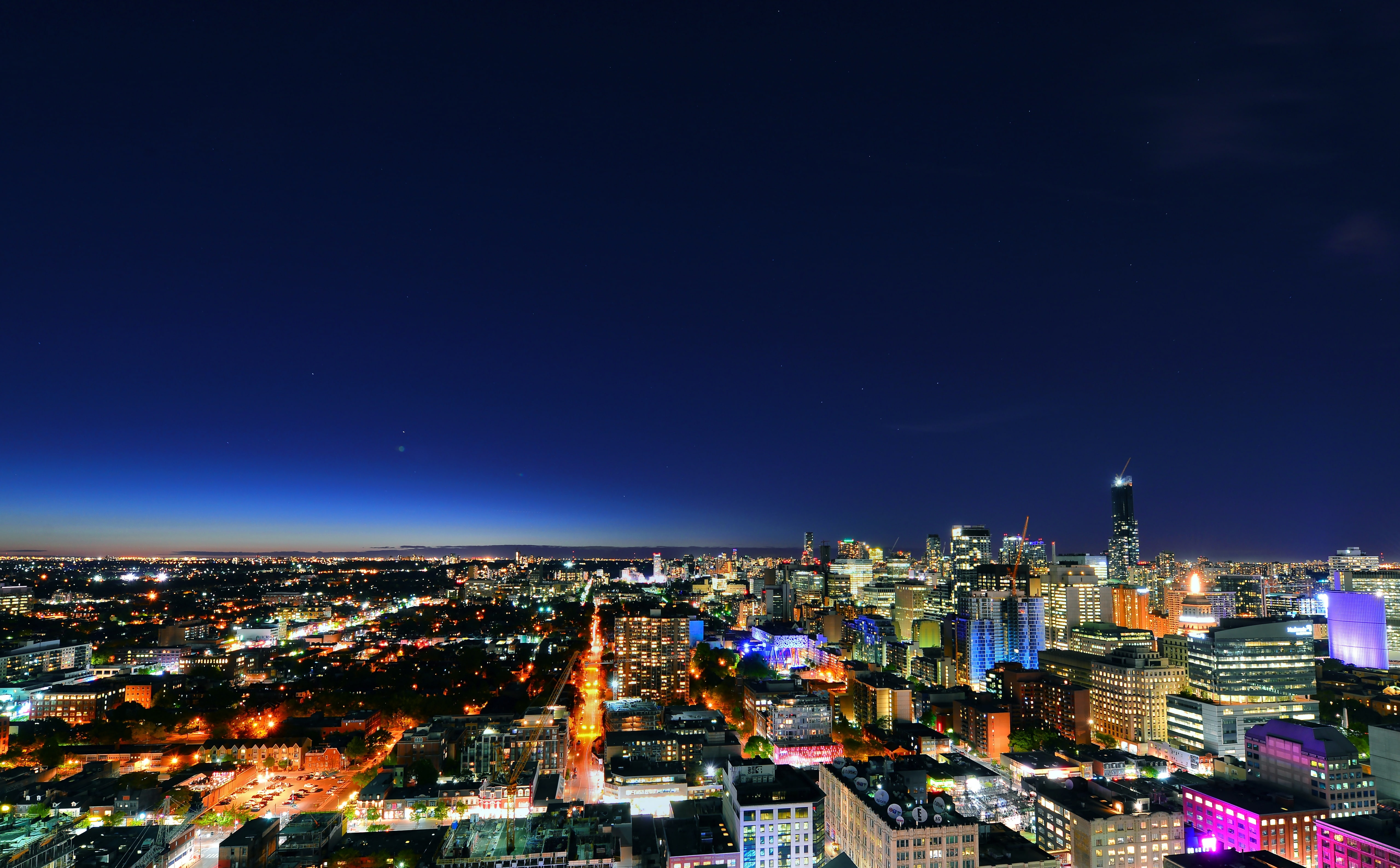 sky, city, Canada, Night, nature, Toronto, illuminated, architecture, crowded, Ontario, buildings, office building exterior, Wide, crowd, cityscape, 5K, HD Wallpaper