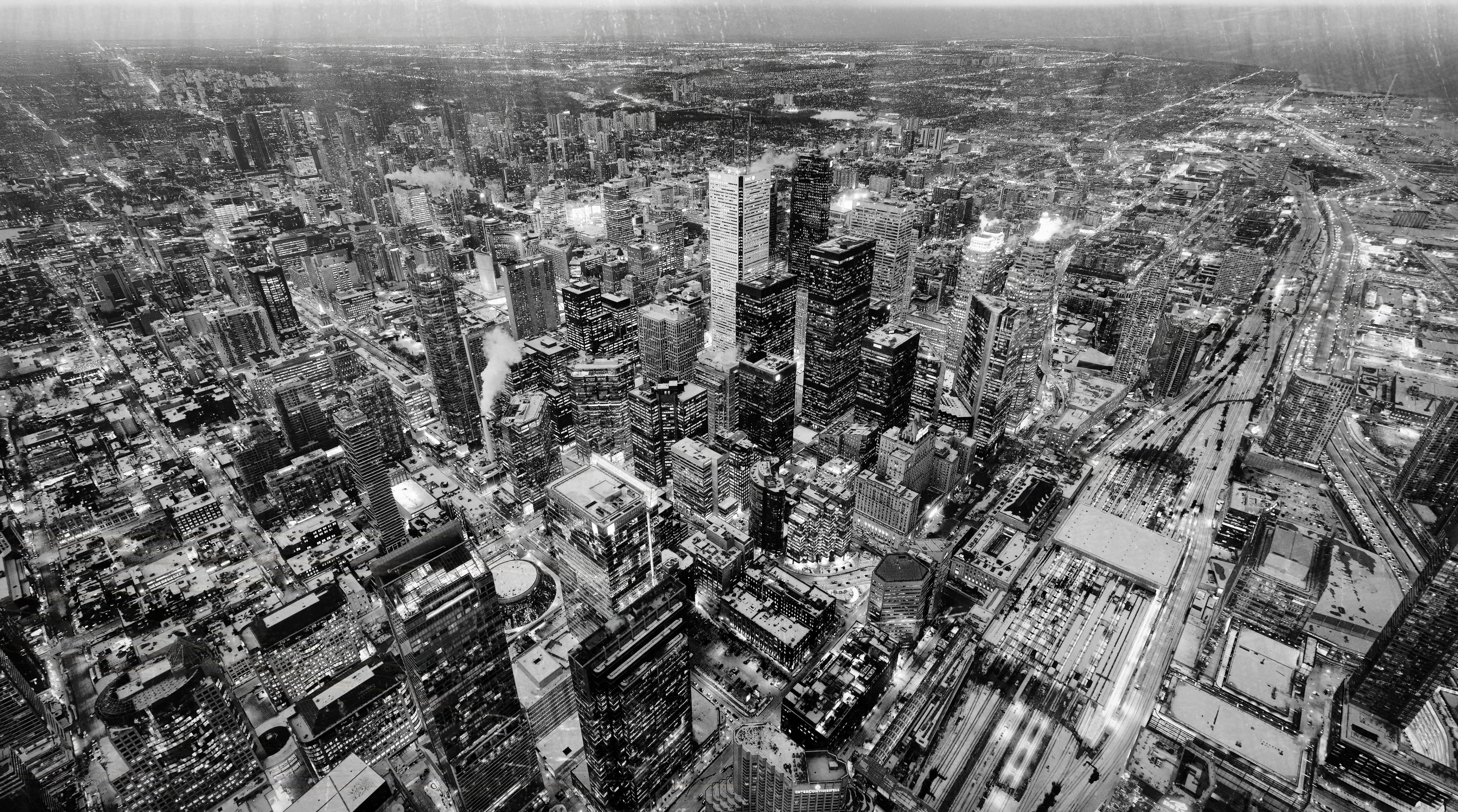 Night, grayscale, outdoors, city life, high angle view, crowd, modern, high, skyscraper, buildings, office building exterior, city, built structure, crowded, HD Wallpaper