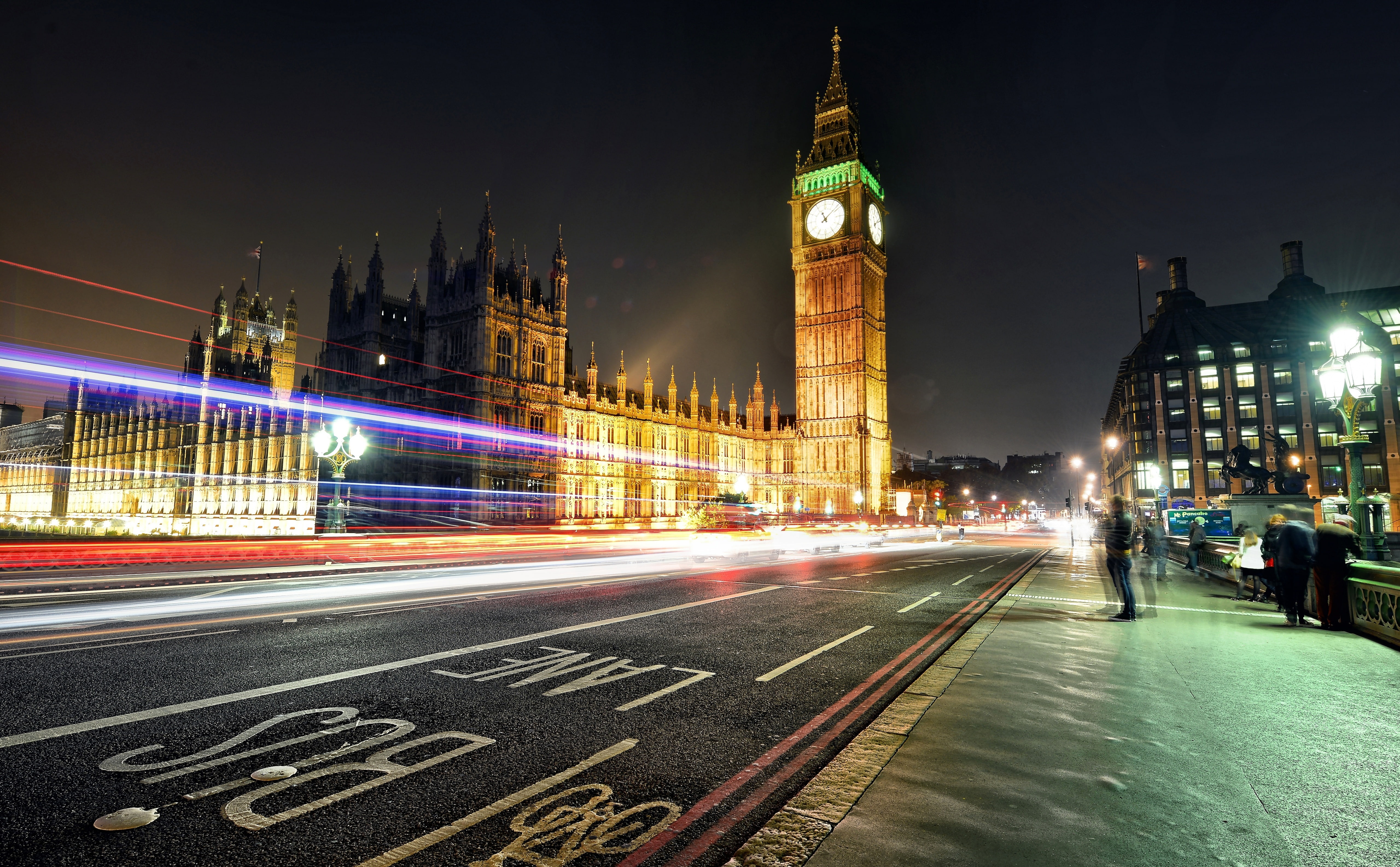 long exposure, motion, government, road, Traffic, Night, clock tower, transportation, travel destinations, street, light trail, landmark, building exterior, HD Wallpaper
