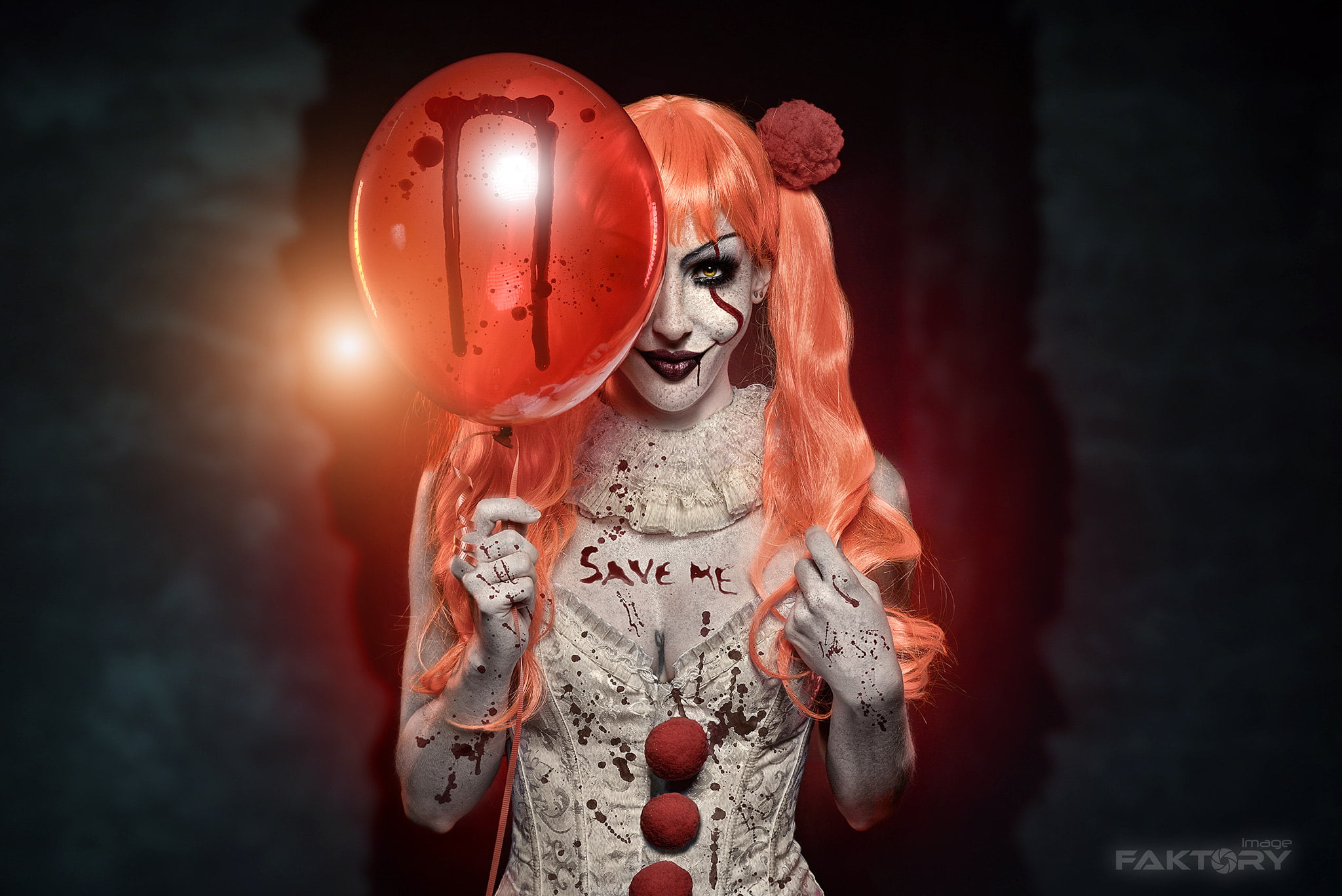 model, clown, horror, makeup, red lipstick, looking at viewer, women, balloon, 1080P, 500px, HD Wallpaper