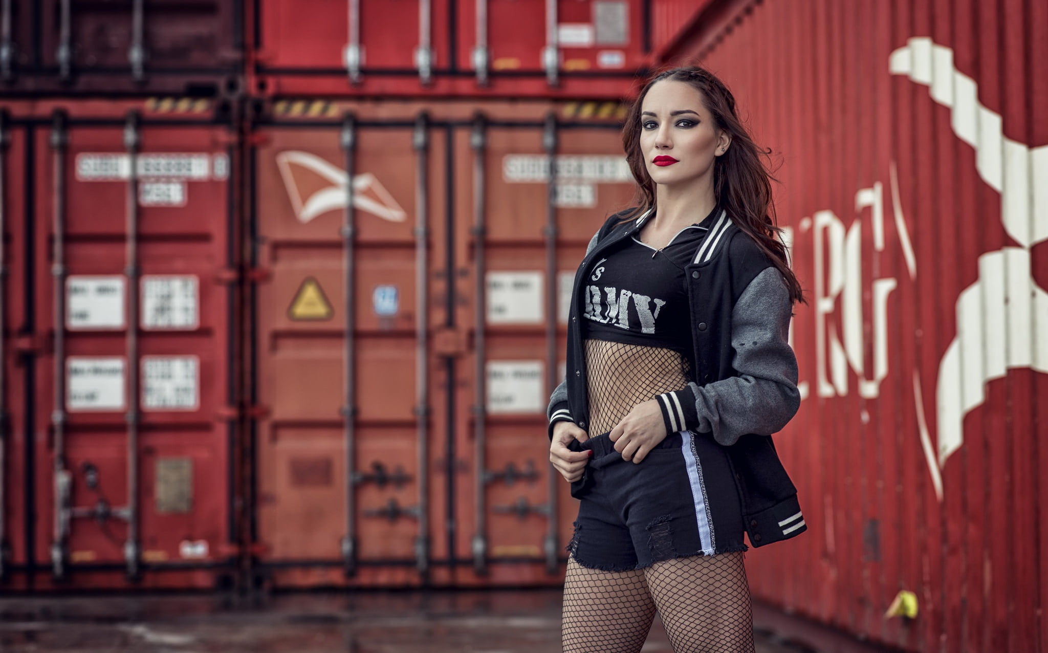 model, fashion, young adult, hairstyle, looking at camera, standing, 1080P, portrait, beautiful people, long hair, adult, beauty, leather jacket, containers, HD Wallpaper