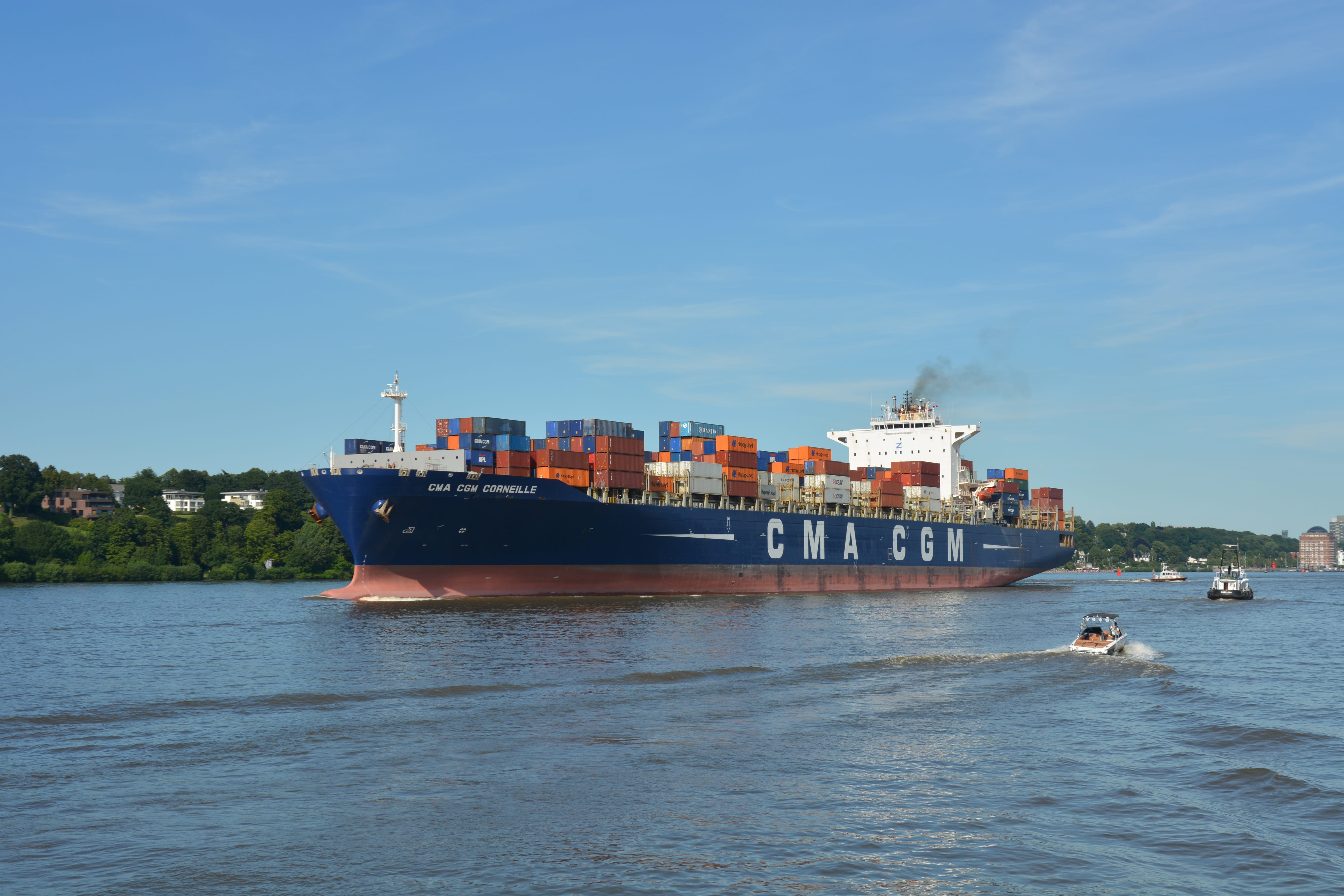elbe, day, nature, water, waterfront, nautical vessel, cargo container, mode of transportation, sky, passenger craft, container ship, 5K, built structure, HD Wallpaper
