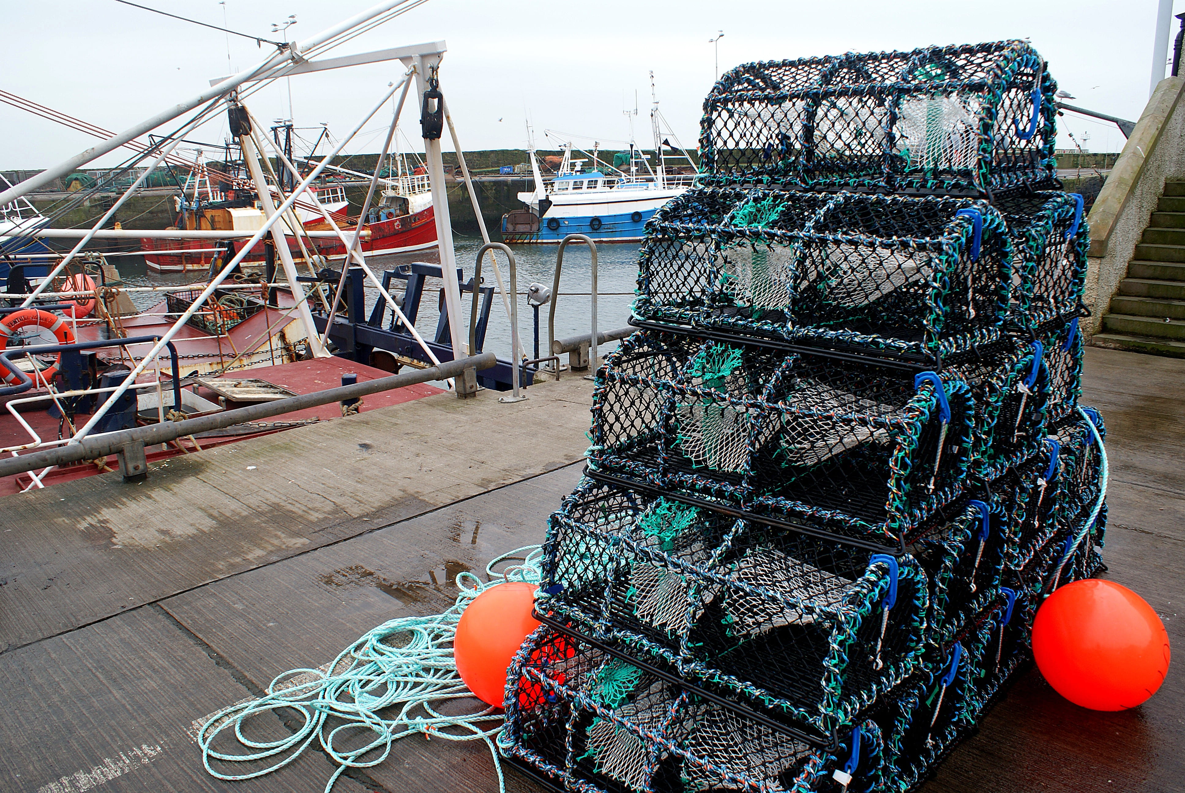fishing boat, 4K, commercial fishing net, harbor, sea, moored, stack, no people, transportation, harbour, nautical vessel, creels, marine, fishing, day, HD Wallpaper