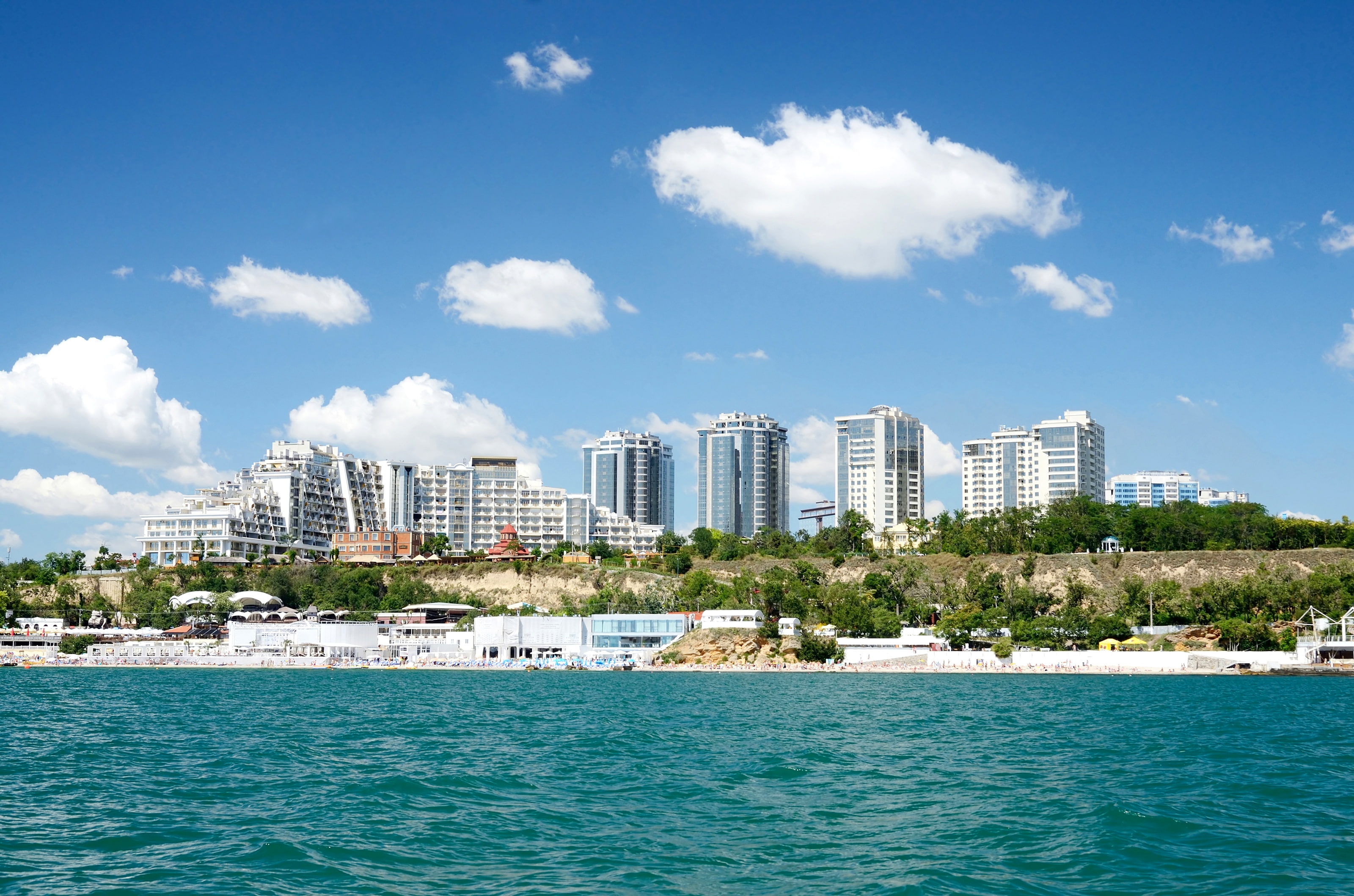 no people, residential district, sea, 2K, outdoors, yacht, cityscape, rise, nature, built structure, Ukraine, apartment, skyscraper, blue, city, cloud - sky, HD Wallpaper