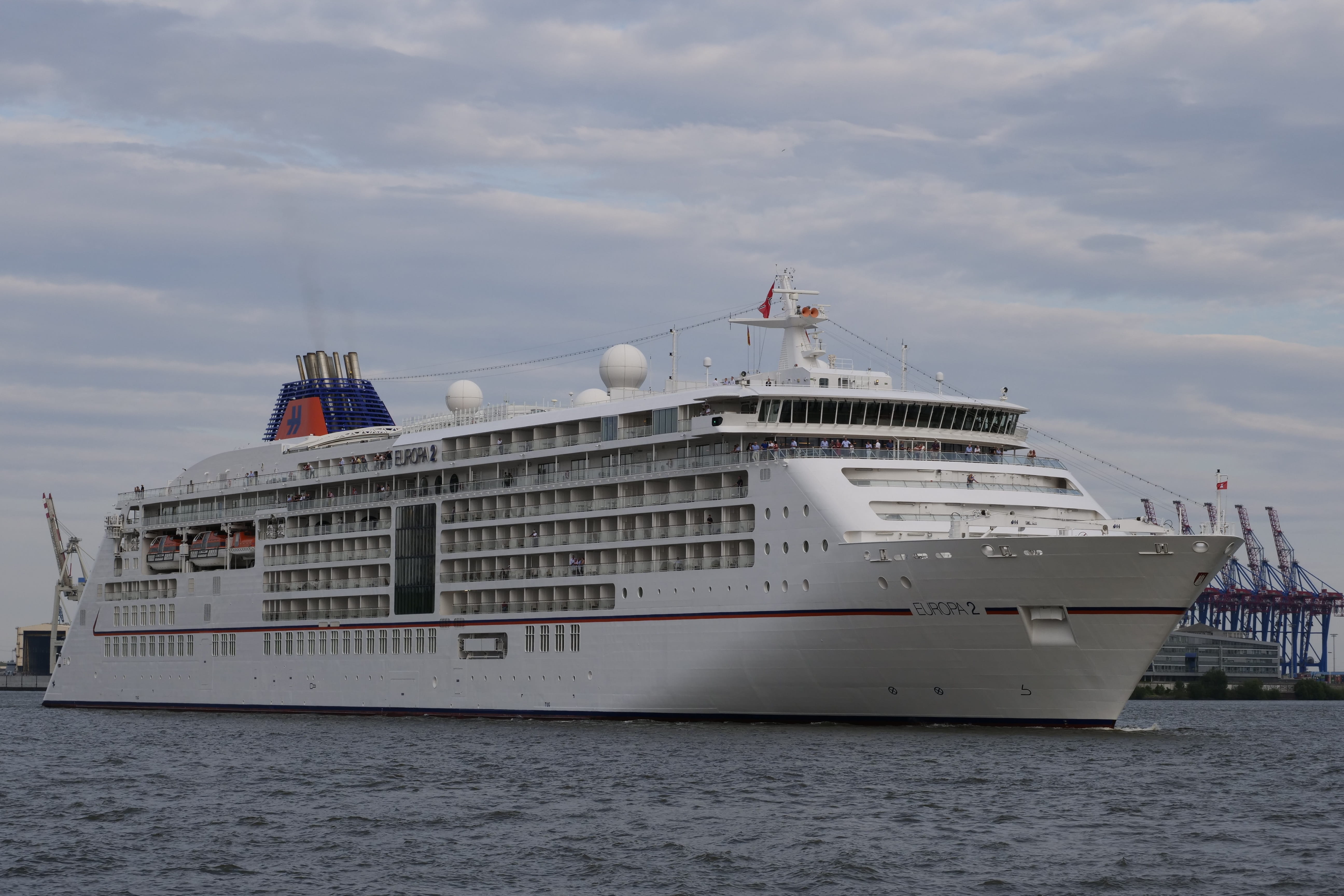 water, nature, hapag-lloyd europa 2, cloud - sky, sky, summer, tourism, vacations, holidays, cruise, craft, clouds, hamburg, waterfront, 5K, shipping, HD Wallpaper