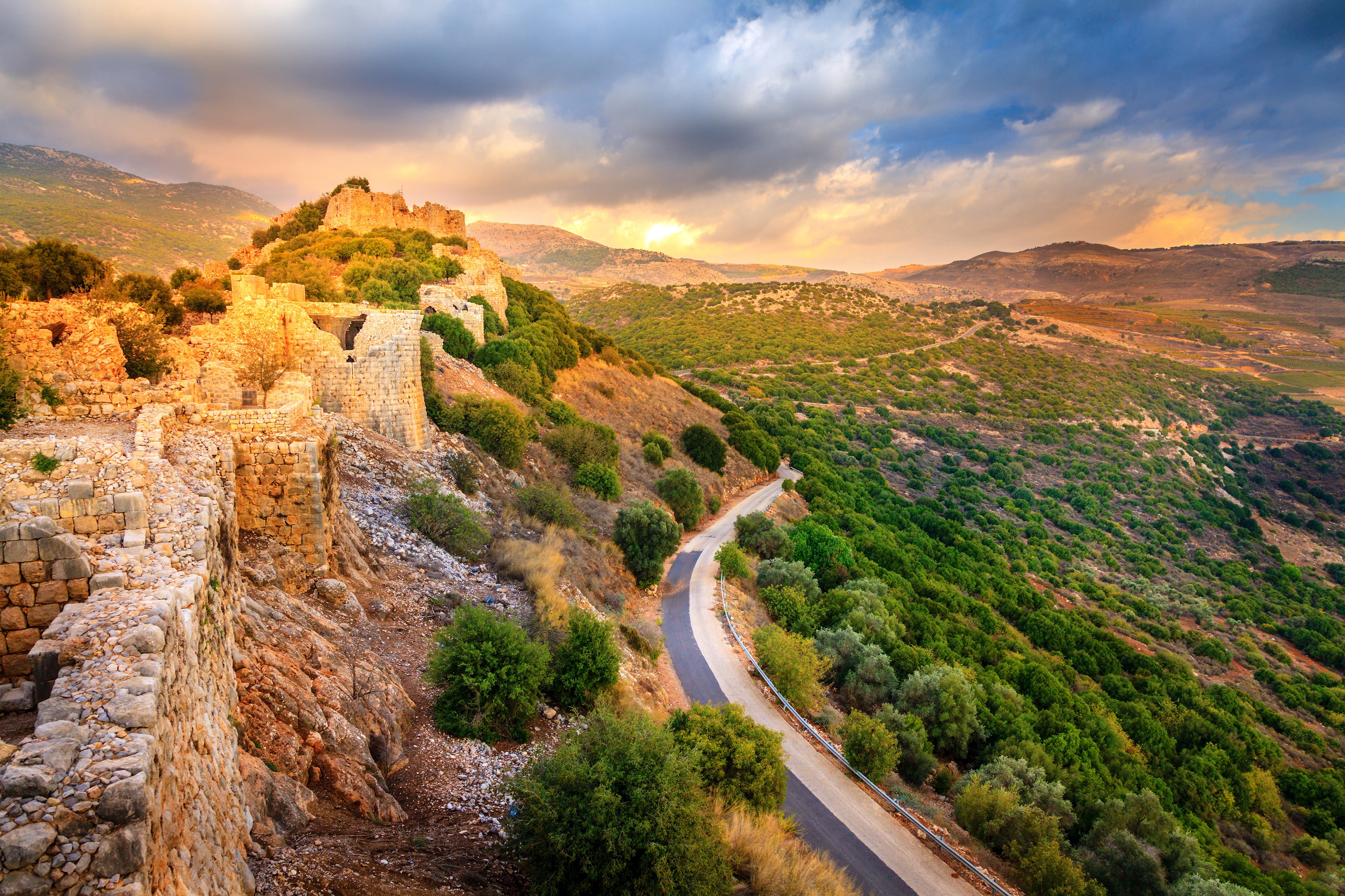 road, Nimrod, 4K, Nimrod Fortress National Park, valley, Israel, fortress, mountains, the ruins, stones, Golan Heights, the bushes, HD Wallpaper