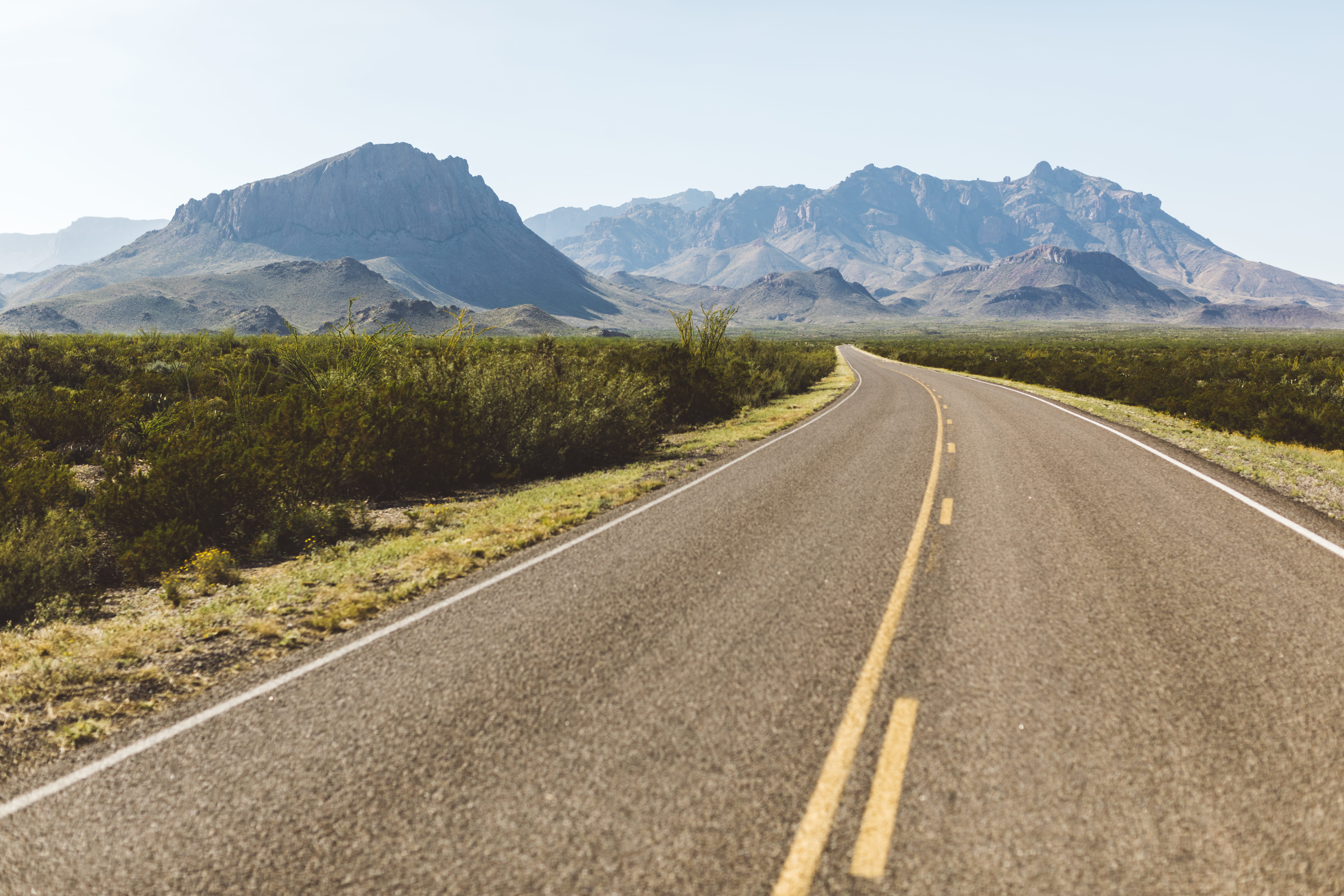 big bend, perspective, beauty In Nature, highway, travel, rural Scene, sun, desert, transportation, nature, sunny, horizon, uSA, plants, hill, mountain Range, HD Wallpaper