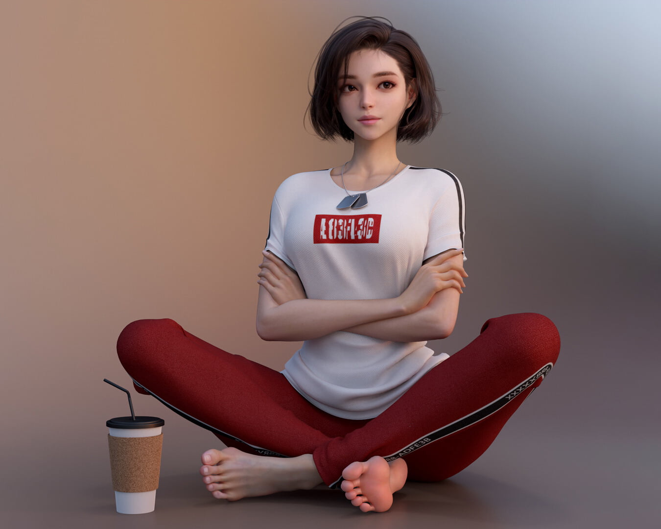 cup, brunette, women, Shin JeongHo, casual, looking away, Asian, T-shirt, CGI, barefoot, short hair, 720P, Dog Tags, HD Wallpaper