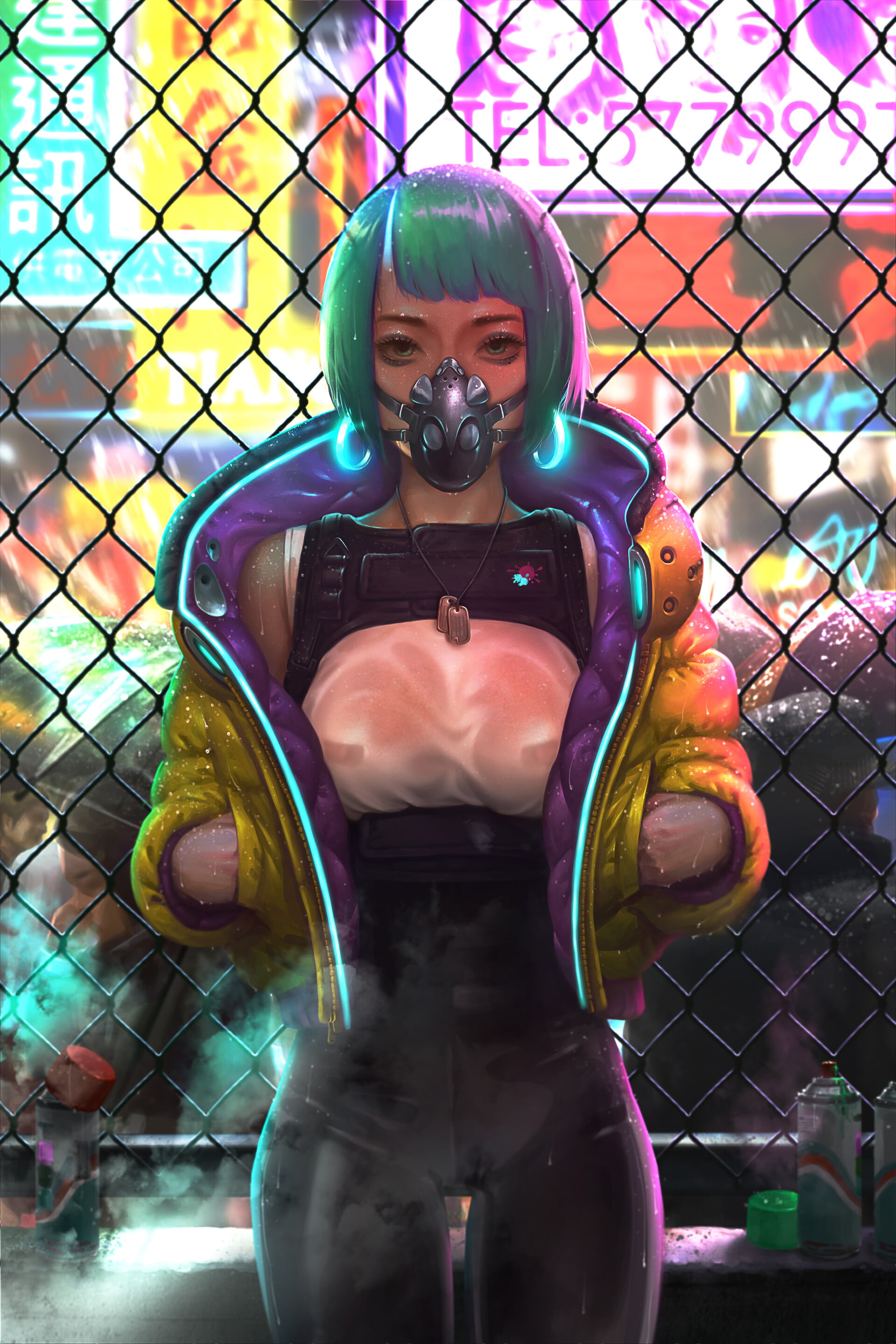 yellow jacket, Chiu Poson, open jacket, frontal view, hoop earrings, women, mask, drawing, spray can, 2K, digital art, Dog Tags, digital painting, artwork, Phone HD Wallpaper