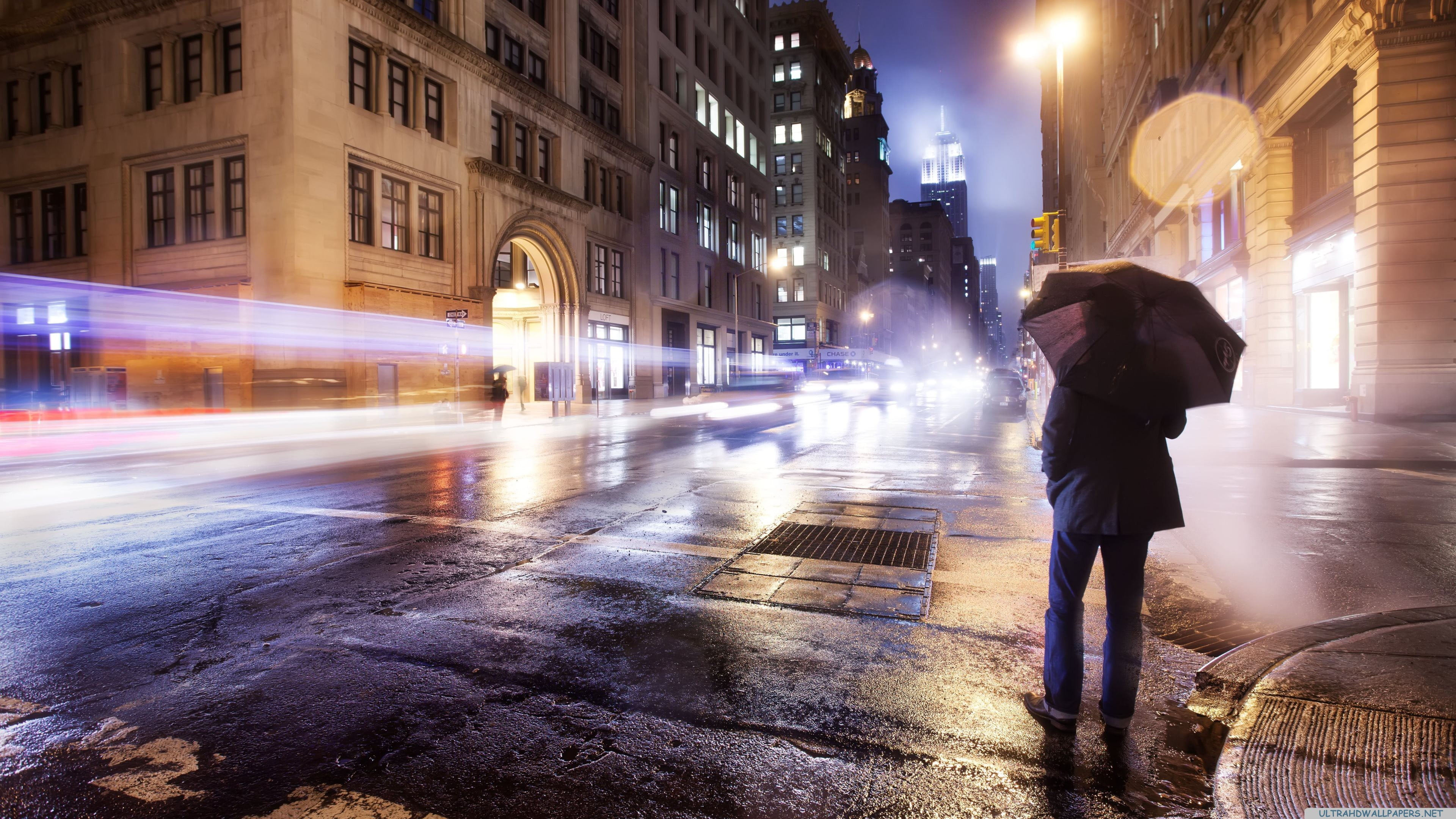 one person, wet, motion, transportation, real people, city life, built structure, blurred motion, 4K, city street, road, illuminated, night, rain, architecture, HD Wallpaper