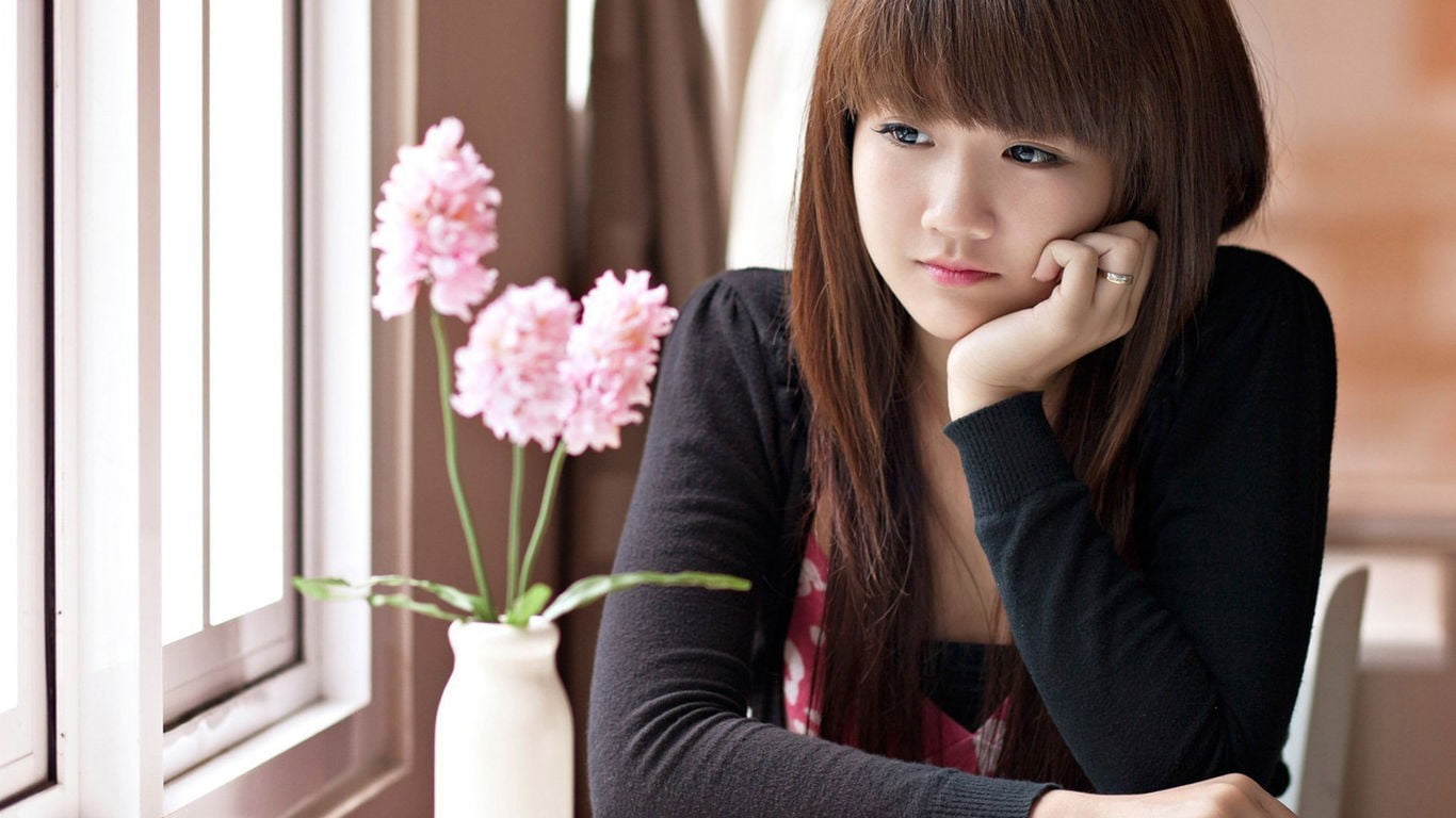 plant, boredom, indoors, flower, hair, hairstyle, women, hand on chin, contemplation, girls, hand, waist up, brown hair, 720P, table, long hair, head in hands, HD Wallpaper