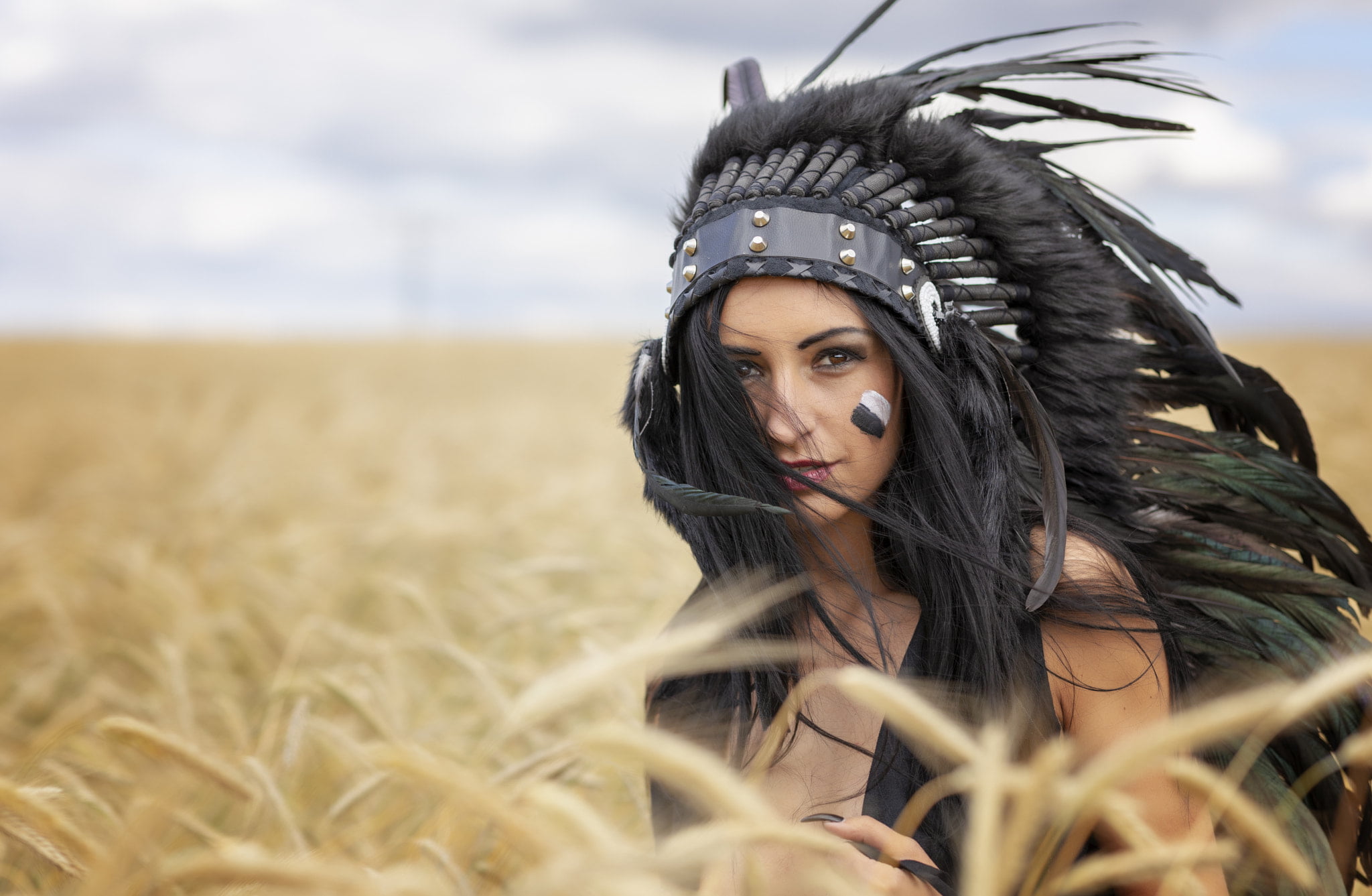 1080P, makeup, model, face, women, eyes, indian hat, HD Wallpaper