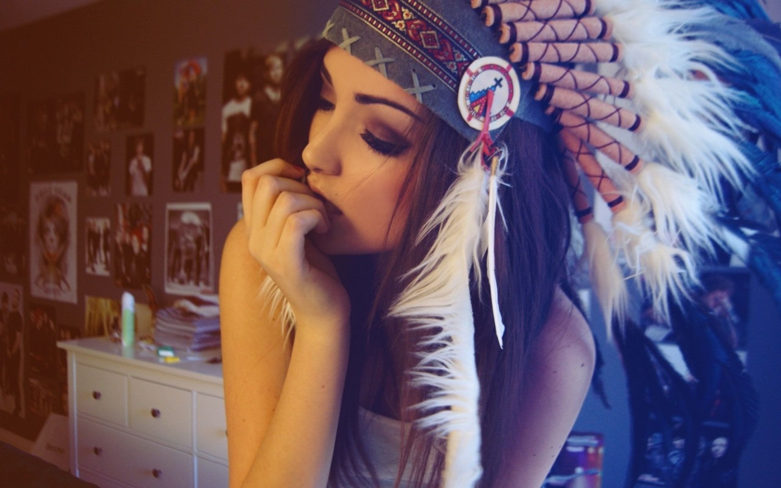 Hat, clothing, portrait, long hair, young adult, feather, beautiful people, human body part, contemplation, young women, looking, hand, emotion, women, HD Wallpaper