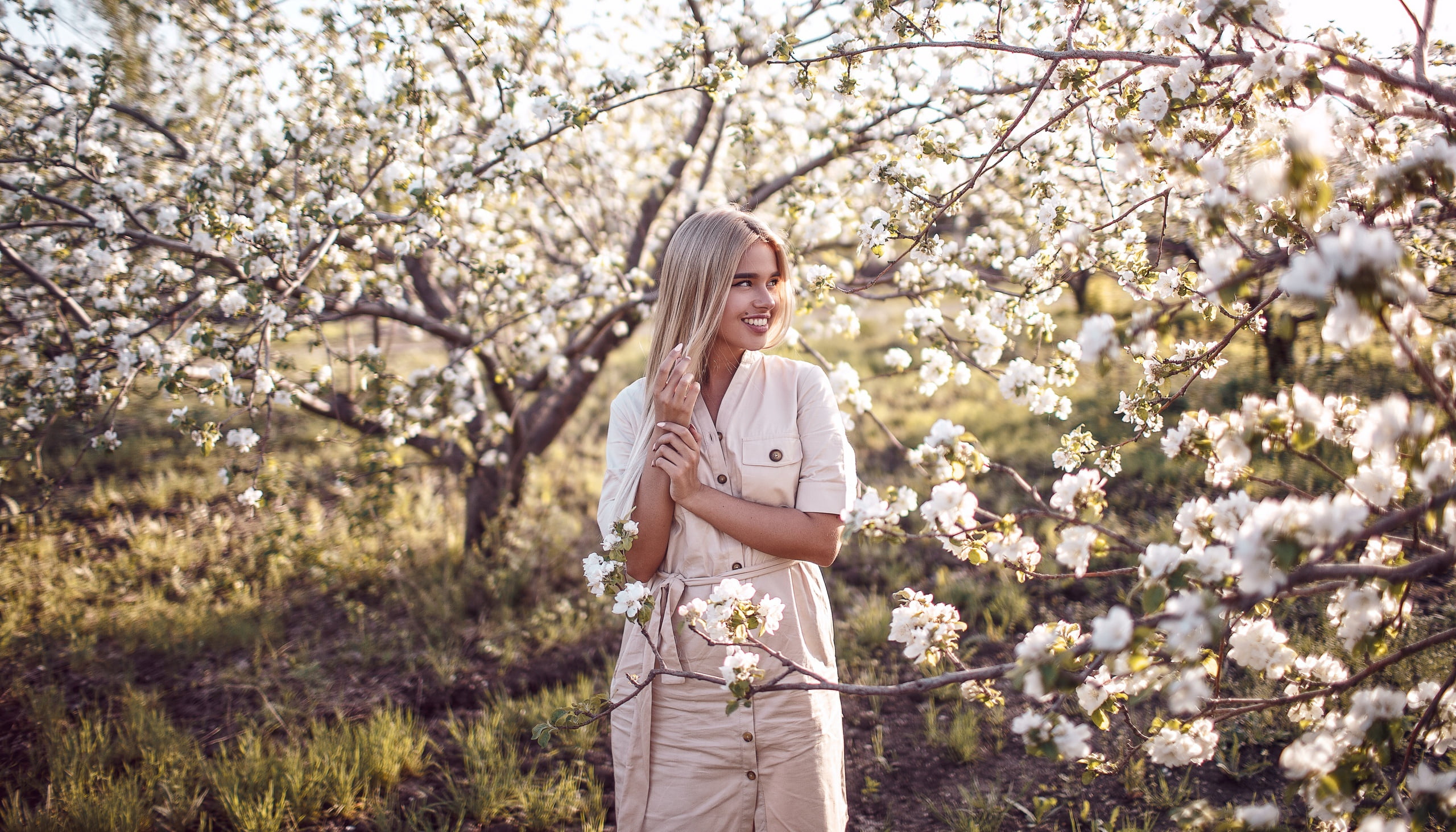 hair, trees, flowers, Girl, Sergey Sorokin, Luba Ivanova, pose, 2K, smile, HD Wallpaper
