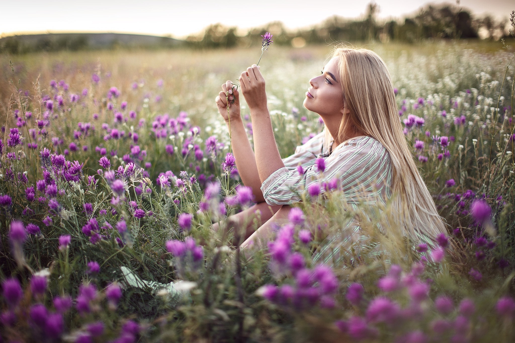 flowers, nature, 1080P, girl, Luba Ivanova, field, hair, Sergey Sorokin, summer, HD Wallpaper