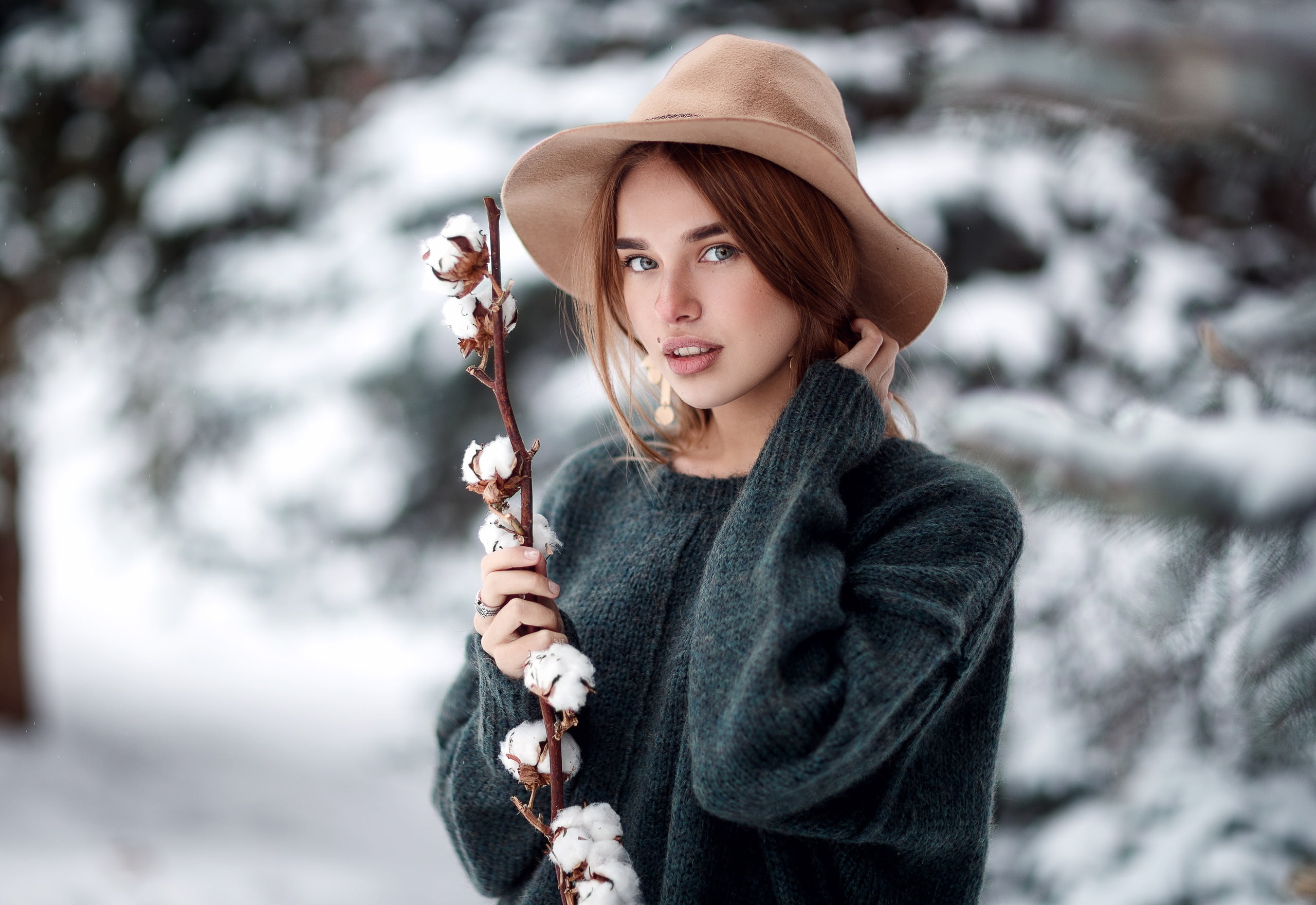 snow, Girl, hat, look, Sergey Sorokin, branch, Luba Ivanova, sweater, winter, 2K, HD Wallpaper