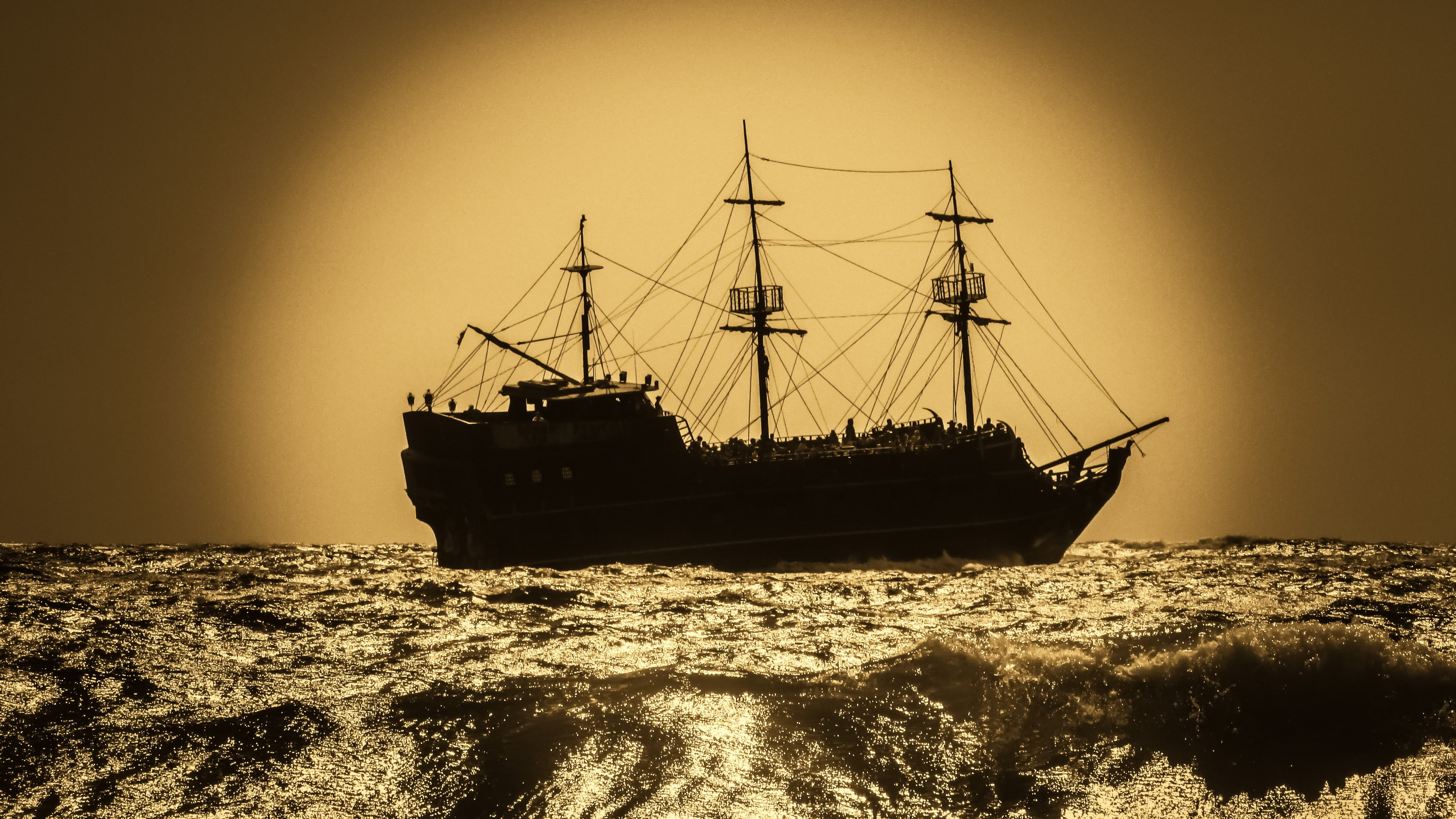 no people, silhouette, travel, ship, water, sunset, mode of transportation, adventure, nautical Vessel, battleship, scenics - nature, tall ship, warship, HD Wallpaper