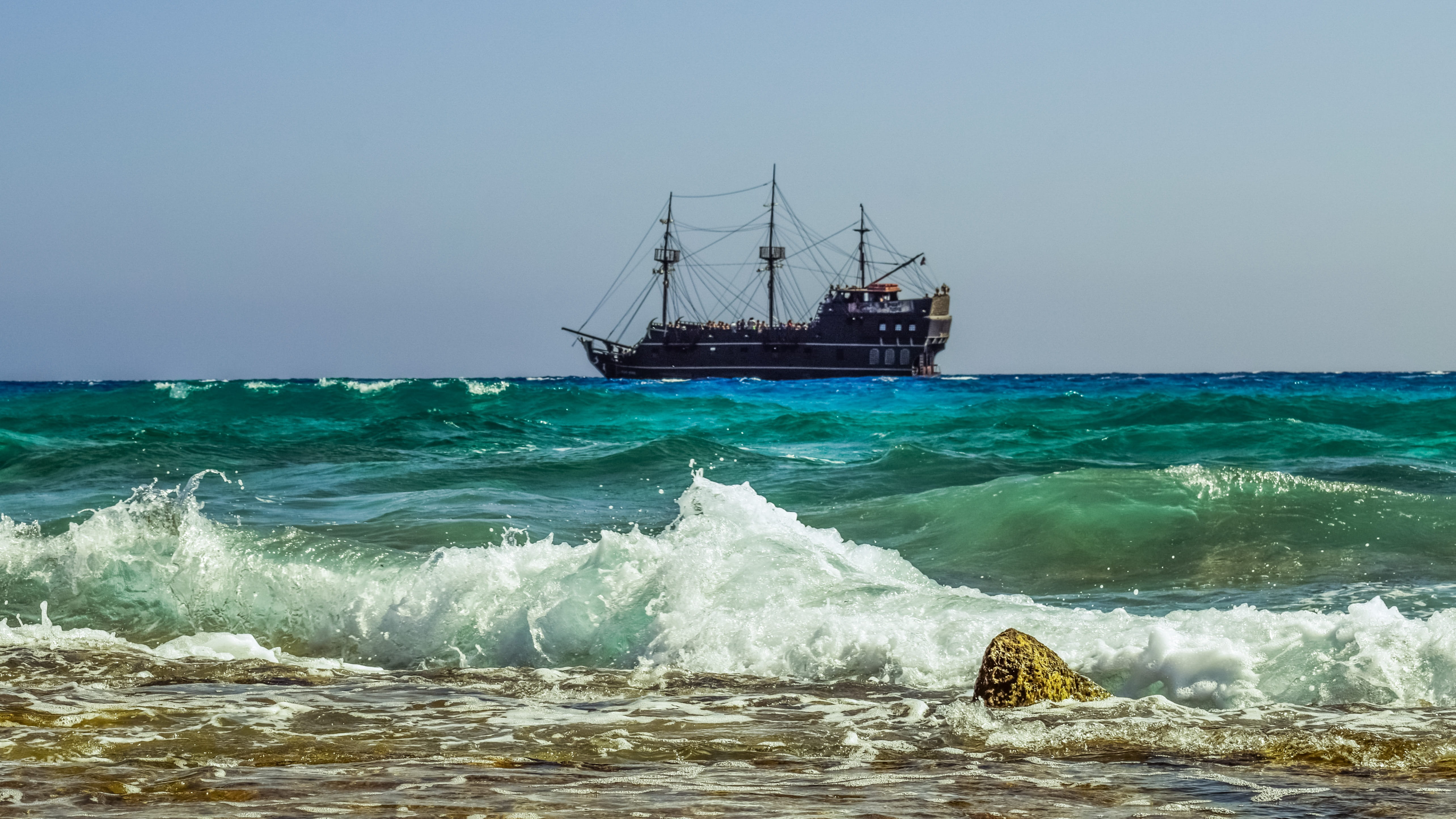 Sea, passenger craft, flowing water, 5K, nature, Cruise Ship, Waves, ship, brown, blue, travel, rocky coast, outdoors, transportation, sailboat, sport, HD Wallpaper