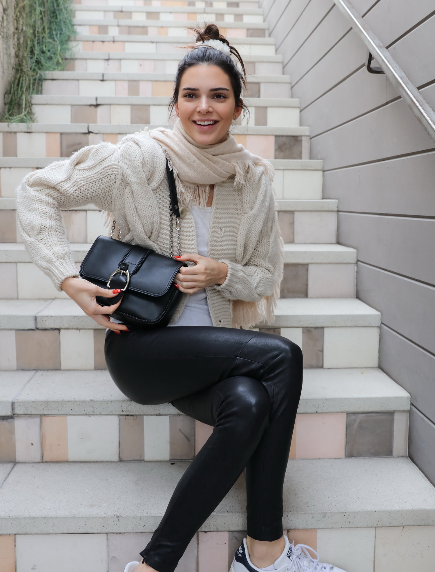leather pants, women, 1080P, dark hair, sitting, brunette, smiling, Kendall Jenner, model, Phone HD Wallpaper