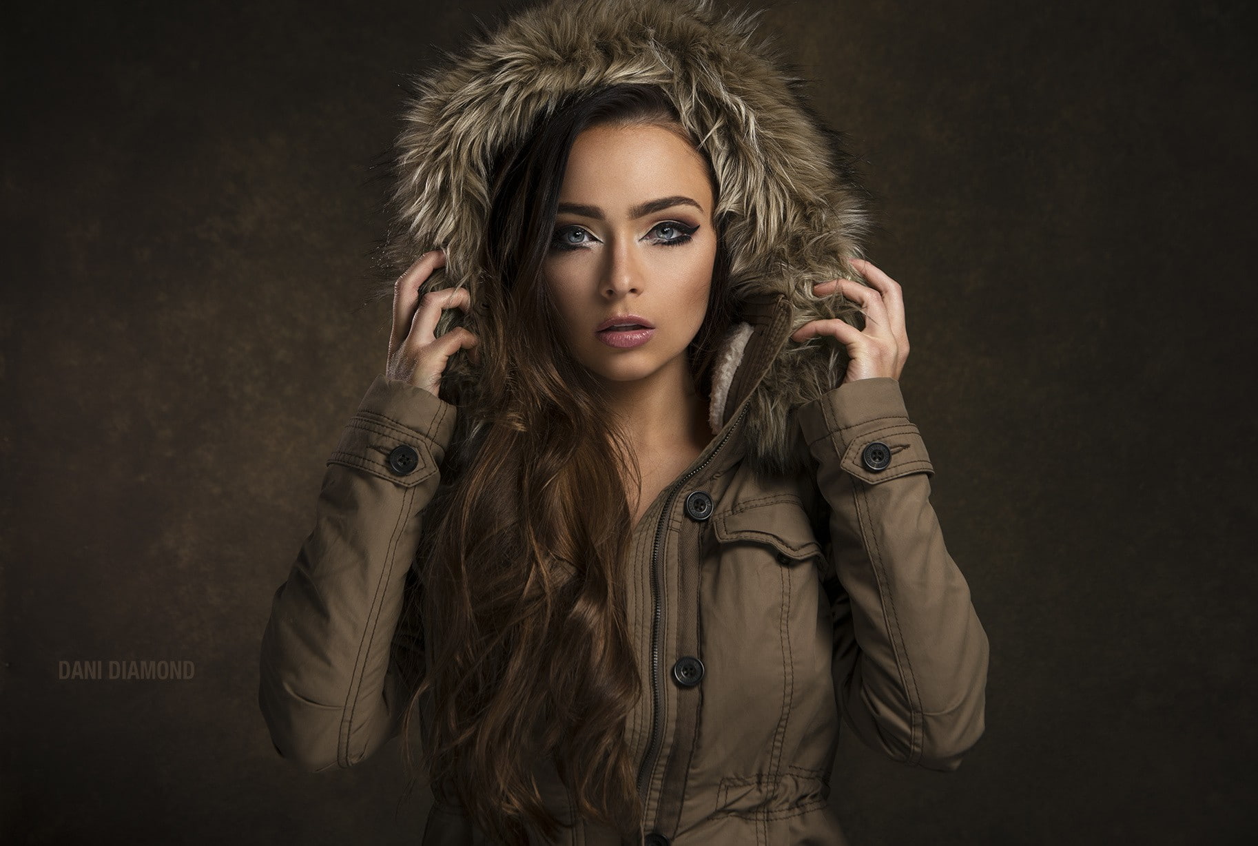 jacket, fur, women, hood, portrait, simple background, Dani Diamond, hair, 720P, HD Wallpaper