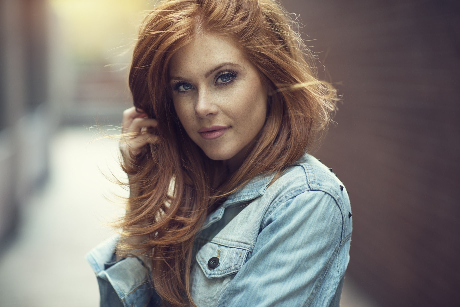 redhead, 720P, jeans jacket, Vanessa Jade, touching hair, portrait, blue eyes, freckles, denim, women, face, Dani Diamond, HD Wallpaper