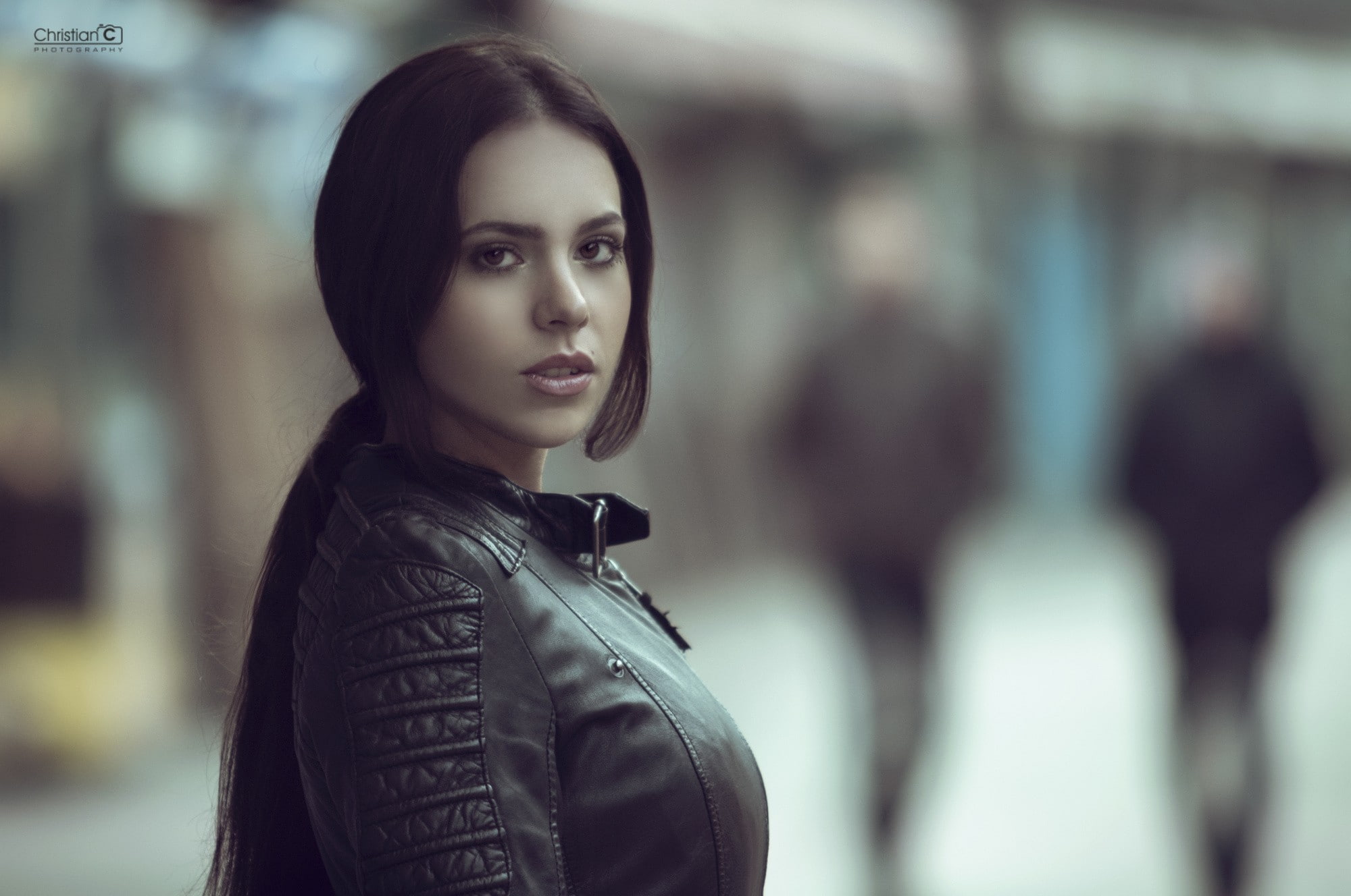 brown hair, hairstyle, model, adult, hair, looking at camera, brunette, contemplation, women, beautiful woman, clothing, leather, women outdoors, leather jacket, HD Wallpaper