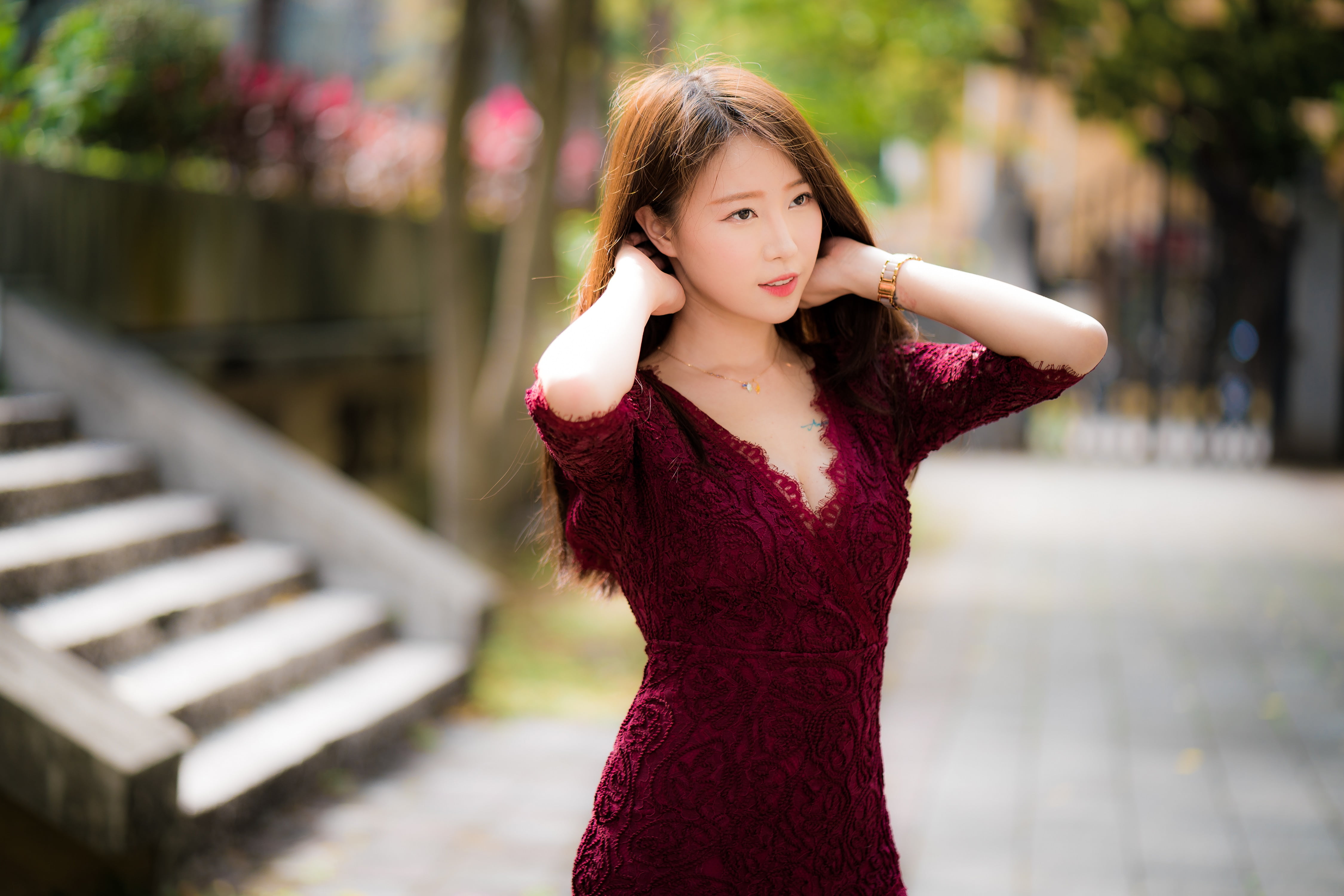 human arm, fashion, young women, brunette, teenager, red, looking into the distance, focus on foreground, necklace, outdoors, leisure activity, dress, long hair, HD Wallpaper