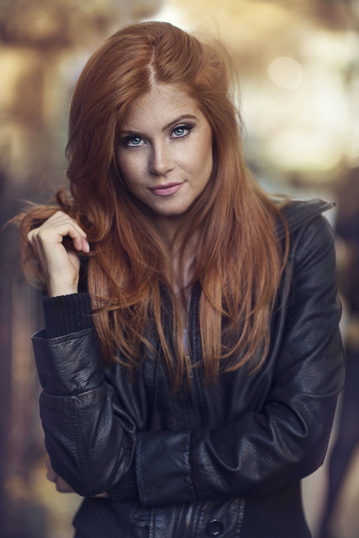 leather jackets, women, straight hair, freckles, Dani Diamond, model, women outdoors, face, blue eyes, 720P, long hair, portrait display, redhead, Phone HD Wallpaper