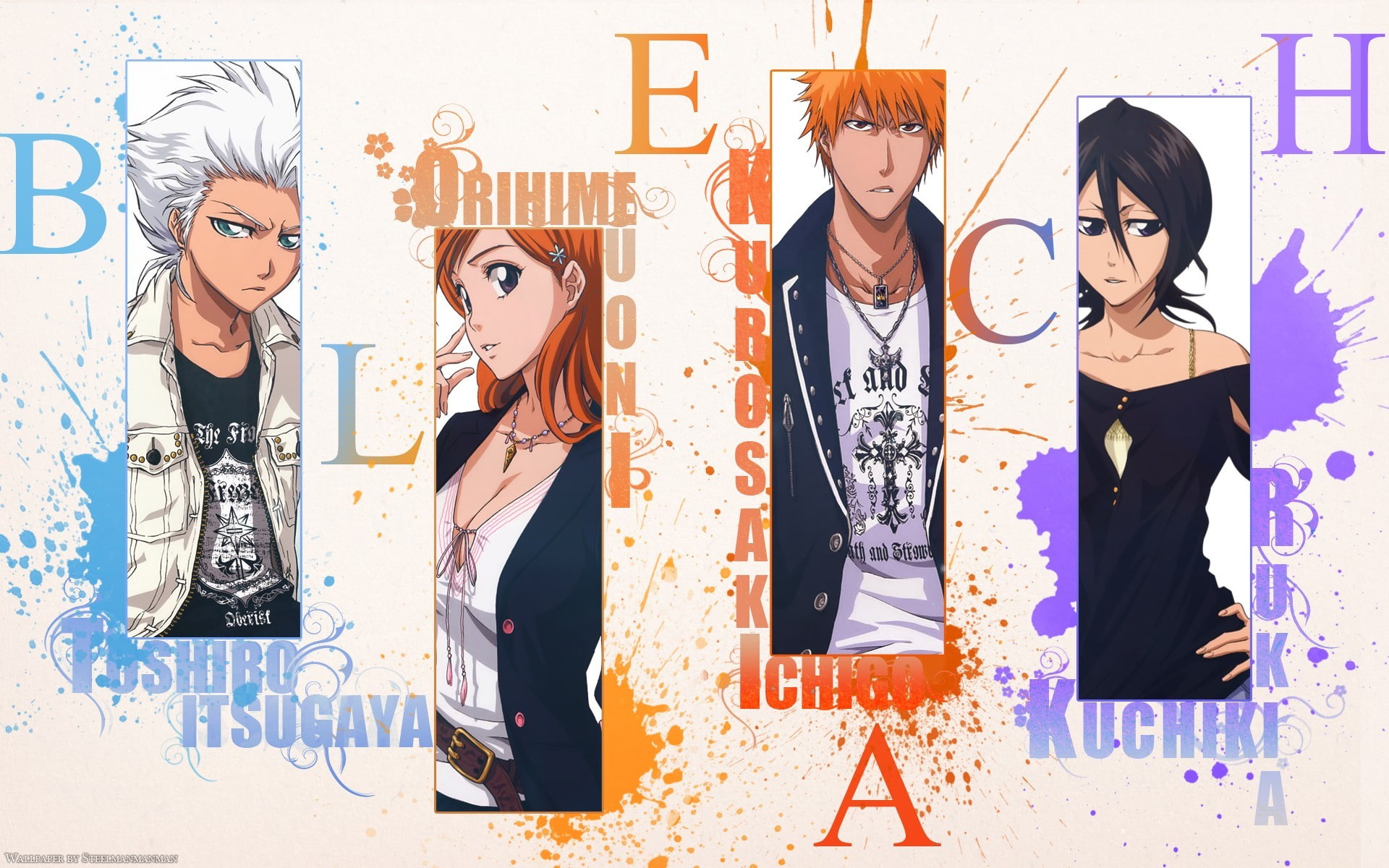typography, Inoue Orihime, anime girls, 1080P, Bleach, Hitsugaya Toshiro, Kurosaki Ichigo, anime boys, Kuchiki Rukia, anime, collage, paint splatter, HD Wallpaper