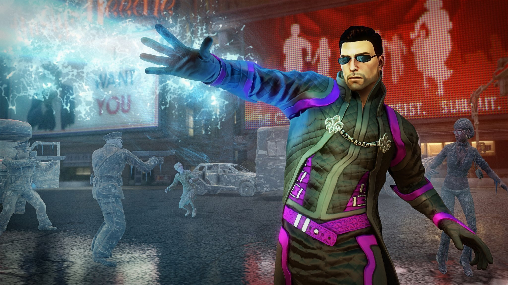 front view, night, looking at camera, saints row iv re elected, adult, security, three quarter length, illuminated, weapon, 1080P, futuristic, young men, HD Wallpaper