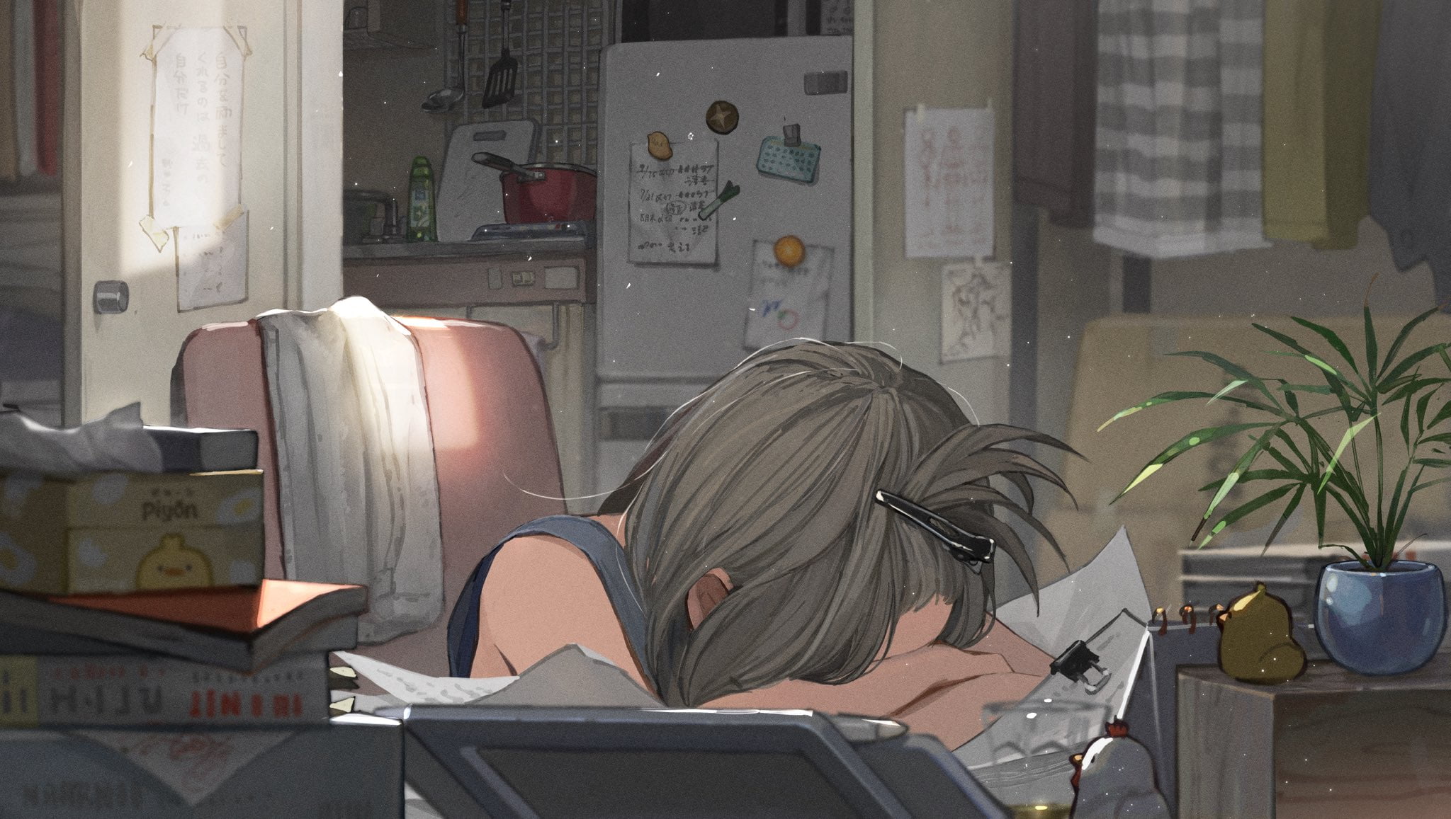 1080P, napkin, anime girls, paper, dress, door, room, barrette, chair, fridge, anime, flowerpot, books, long hair, sleeping, grey hair, HD Wallpaper