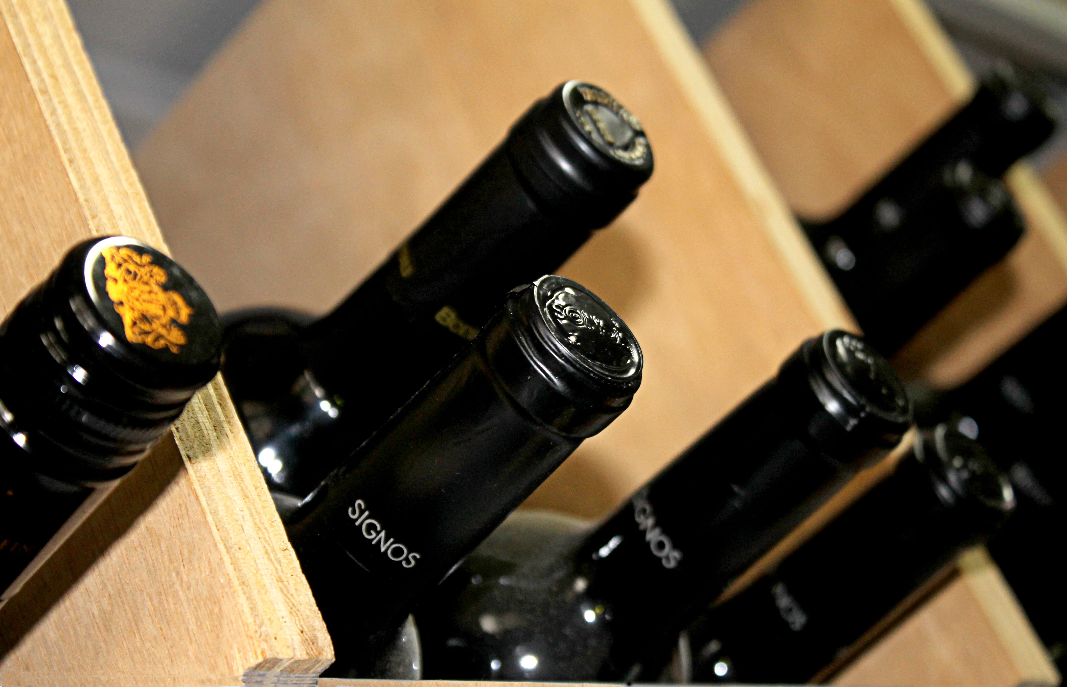stored, wine bottle, wines, 4K, indoors, no people, refreshment, large group of objects, high angle view, food and drink, in a row, guarded, wooden, drinks, HD Wallpaper