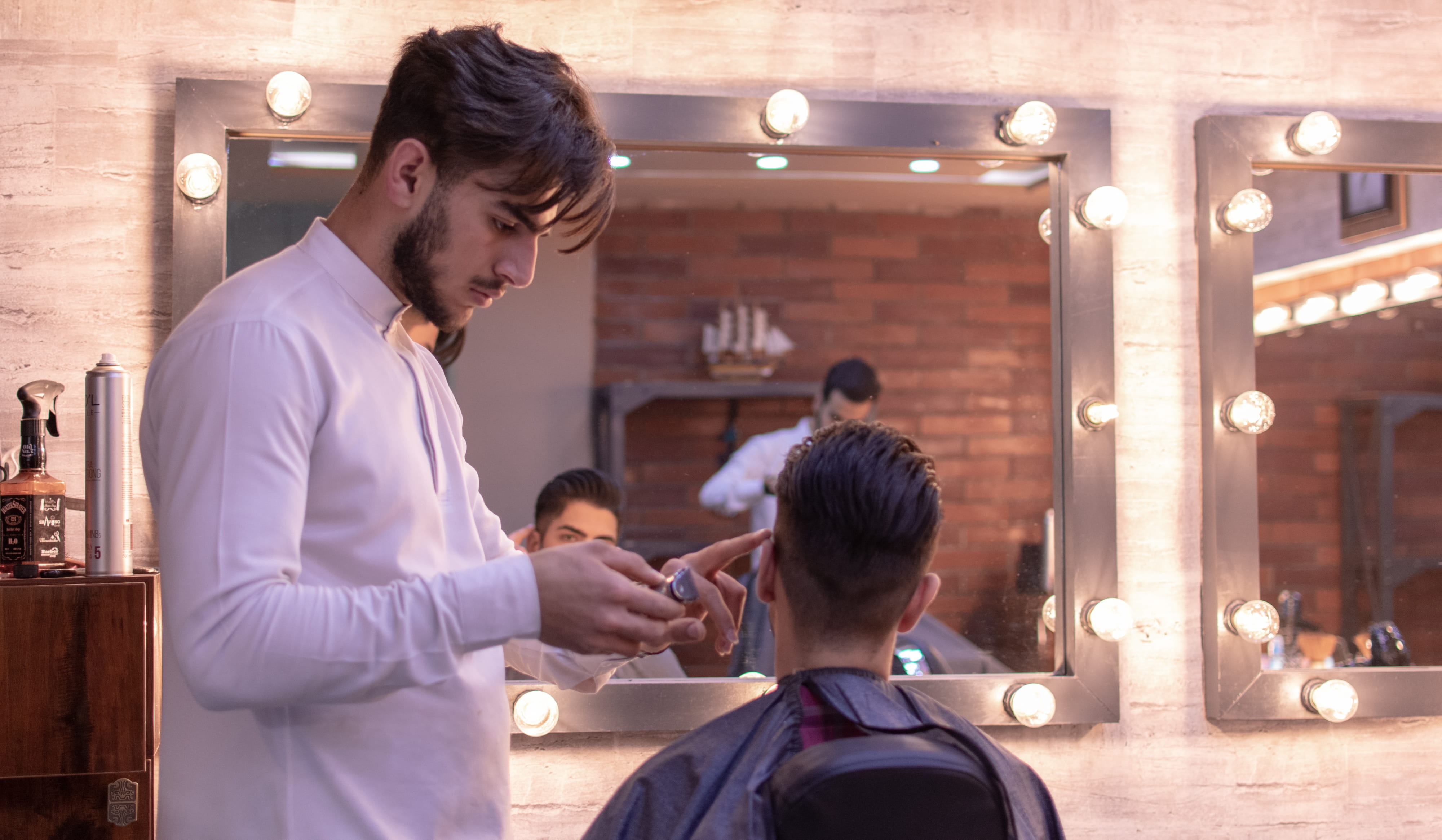 two people, illuminated, adult, 4K, shop, inside, lighting equipment, business, body care, barber, standing, sitting, man, barber shop, young men, people, HD Wallpaper