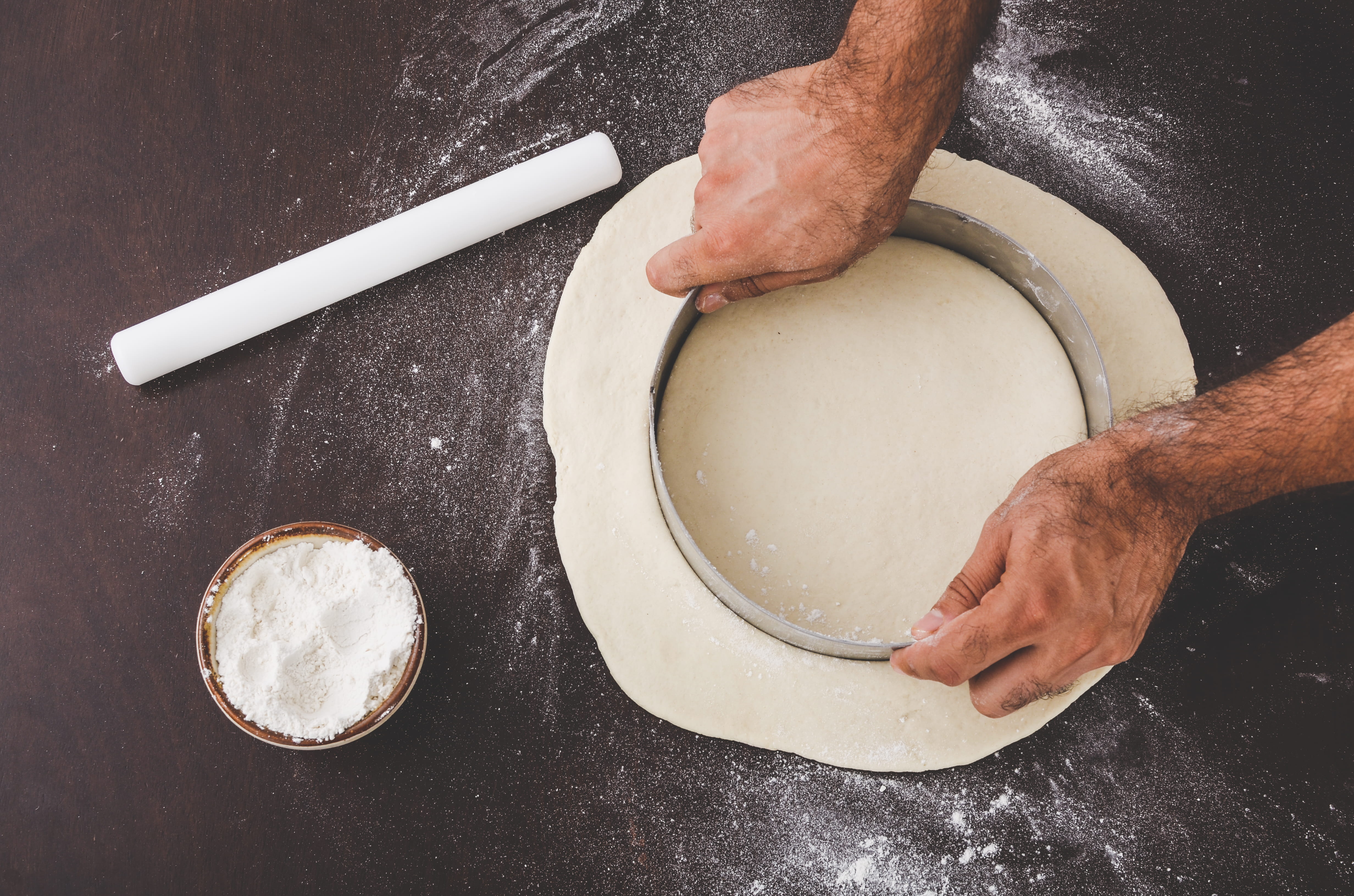 pizza, baking, 4K, cookie, mold, person, bake, white, round, domestic room, one person, dough, cooking, holding, food and drink establishment, preparation, HD Wallpaper