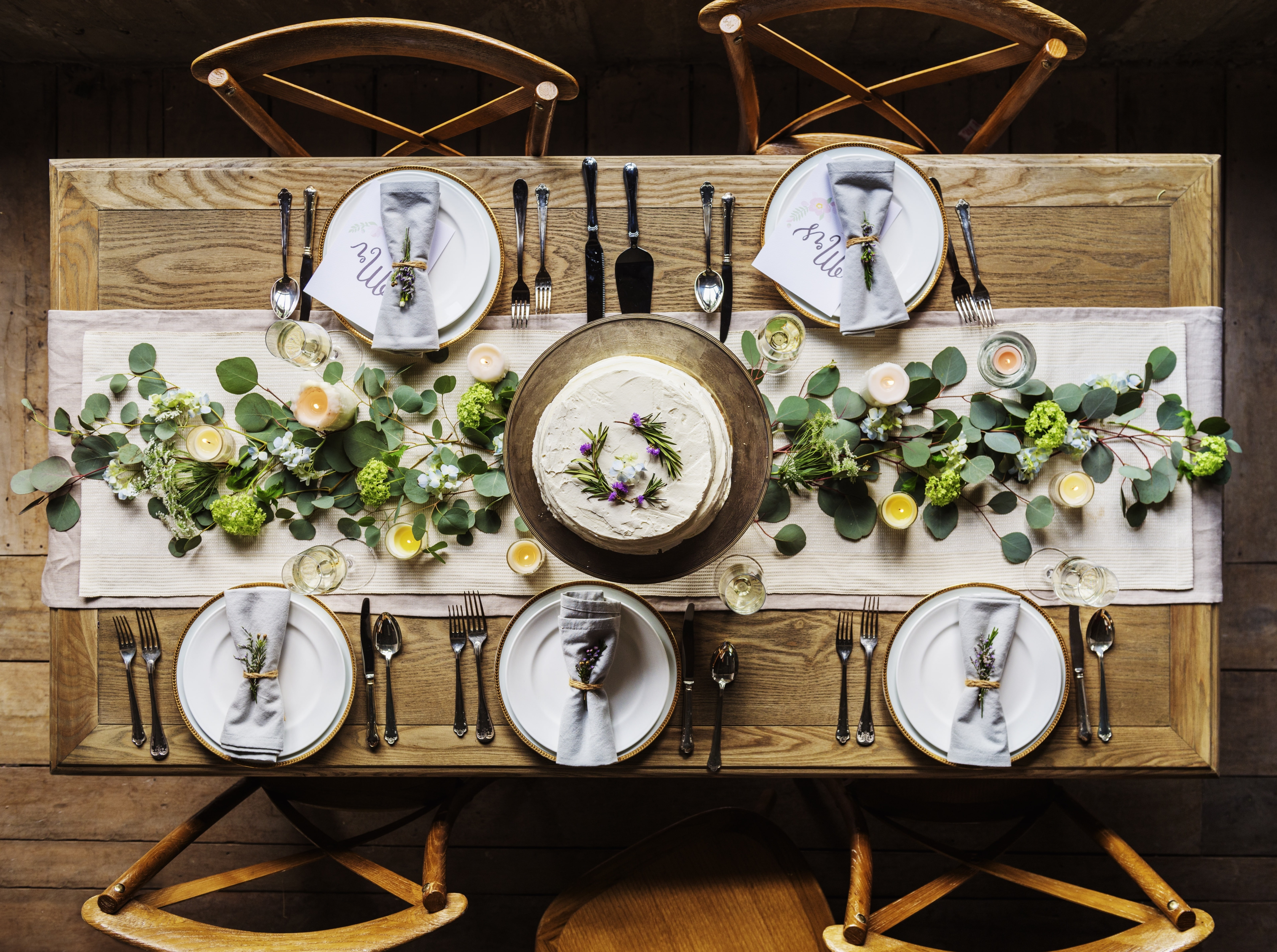 Food and Drink, lunch, 5K, Fancy, directly above, plant, no people, Restaurant, indoors, cake, woodentable, tray, nature, plate, Party, arrangement, Chairs, HD Wallpaper
