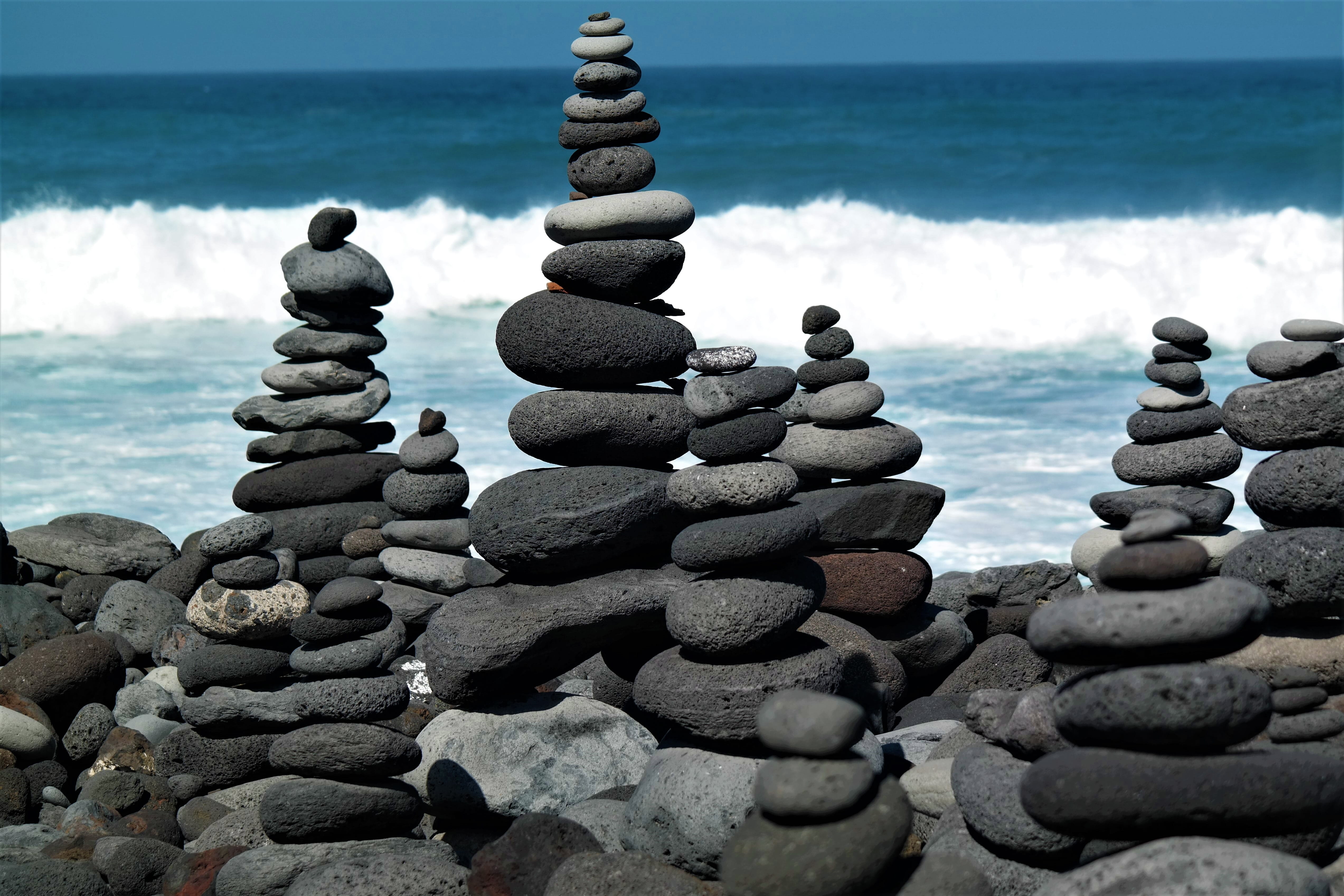 relaxation, tranquility, nature, cairn, rock, stone - object, solid, balance, stacked, stack, no people, zen-like, ocean, beauty in nature, rest, 4K, rock - object, HD Wallpaper