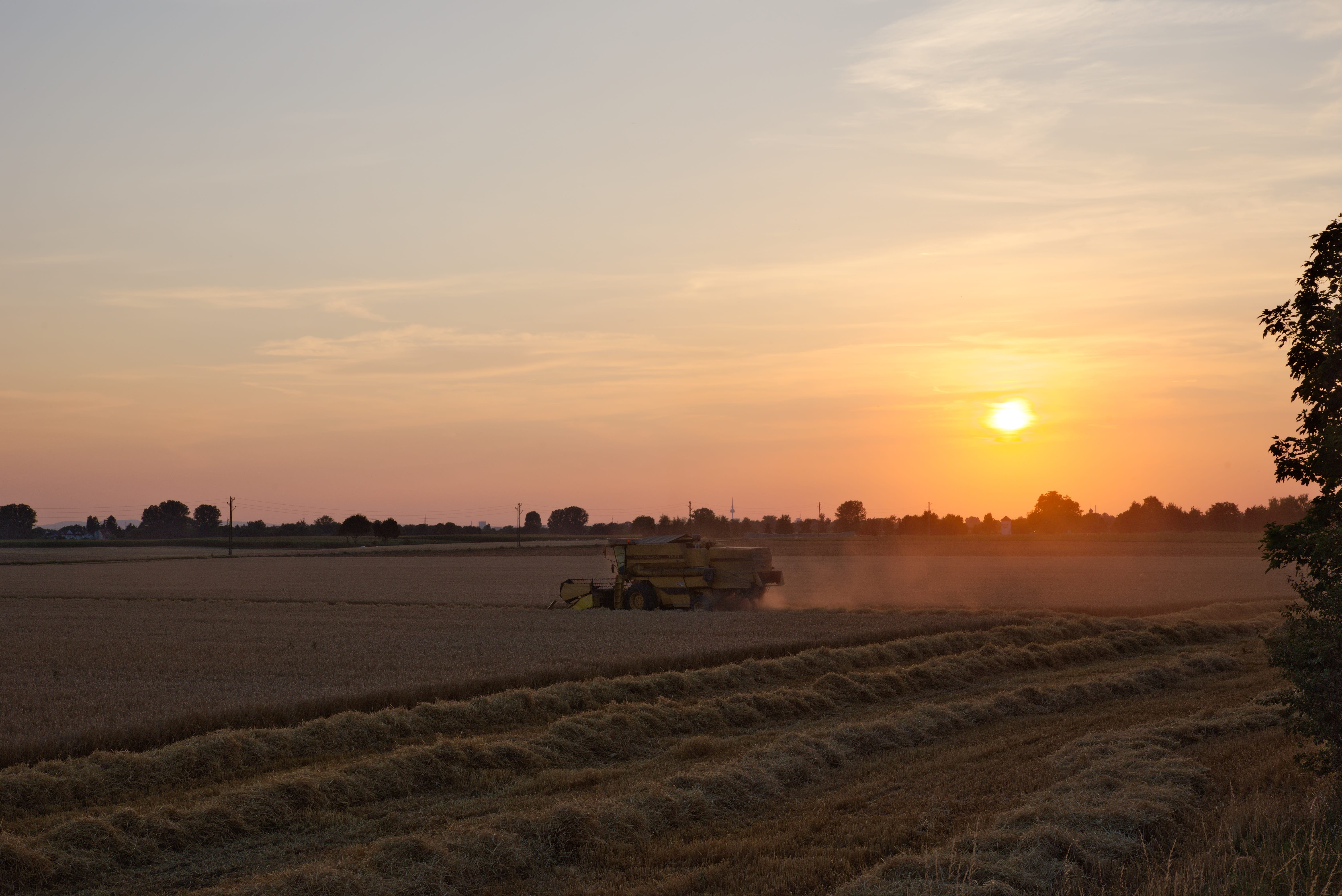 agricultural machinery, clouds, tranquil scene, abendstimmung, nature, beauty in nature, environment, farm, sunset, scenics - nature, dossenheim, rural scene, HD Wallpaper