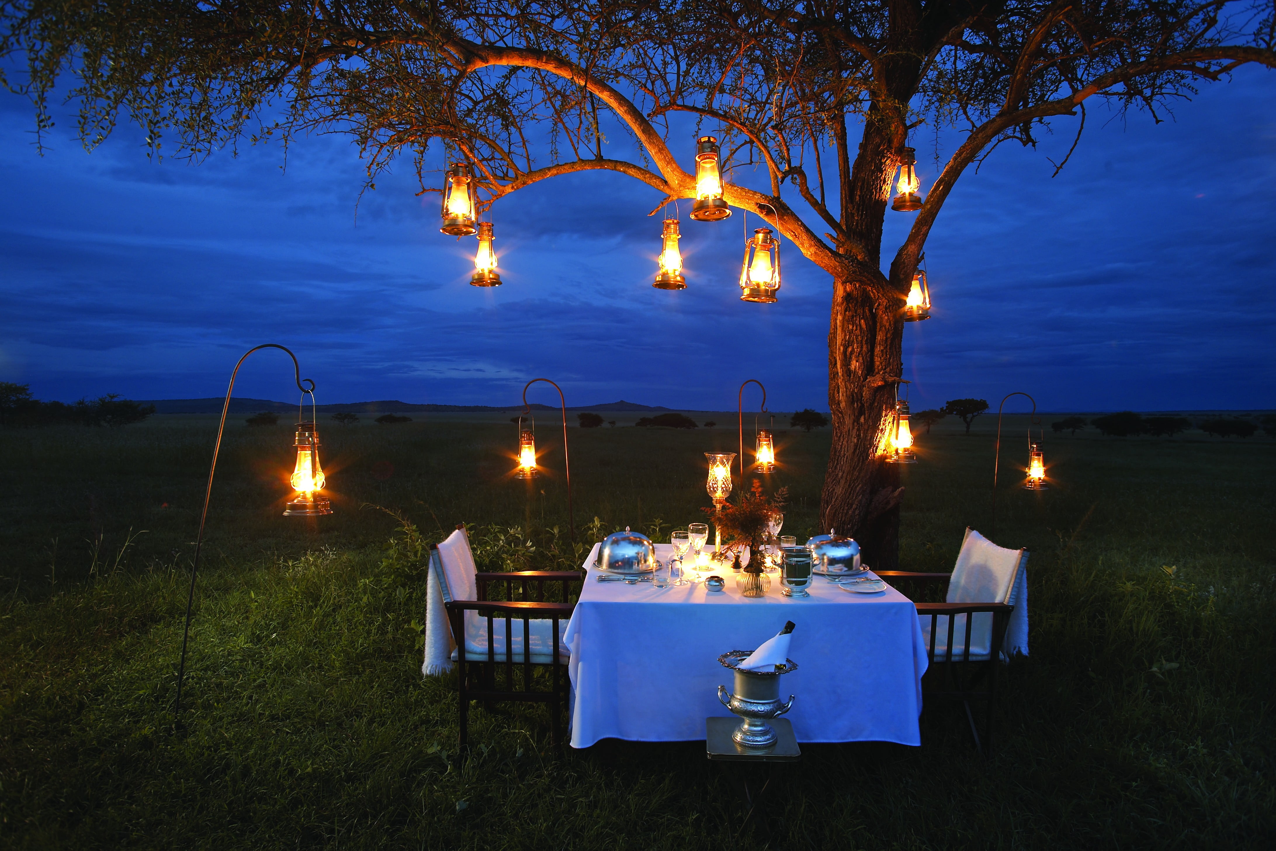 no people, table, seat, 4K, absence, tree, light, chair, setting, plant, landscape, outdoors, electricity, grass, blue, dusk, illuminated, lamp, sky, night, HD Wallpaper