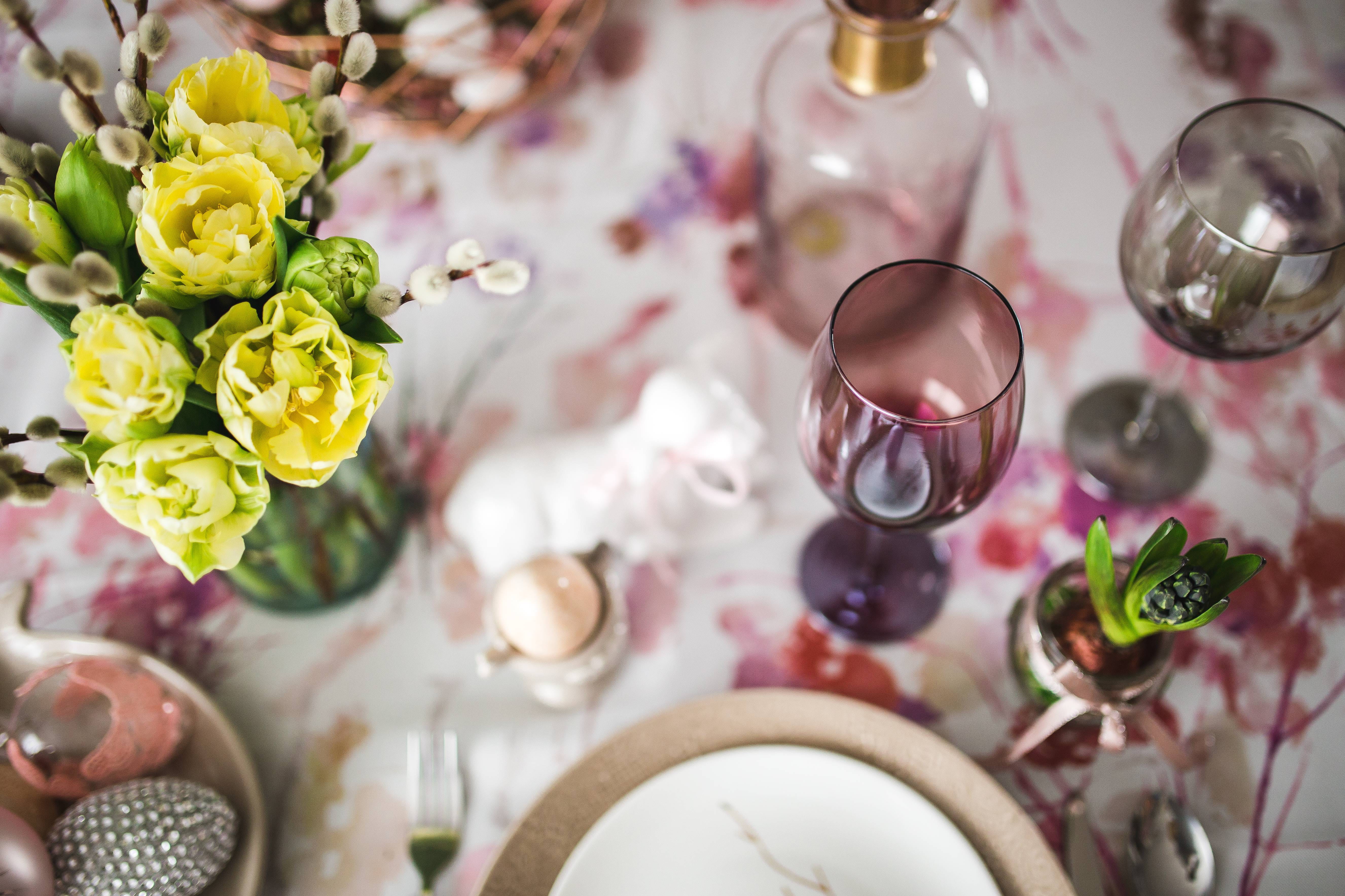 banquet, silverware, eggs, flower, dinner, glass, restaurant, Easter table, flower arrangement, elegance, indoors, decoration, plant, household equipment, HD Wallpaper