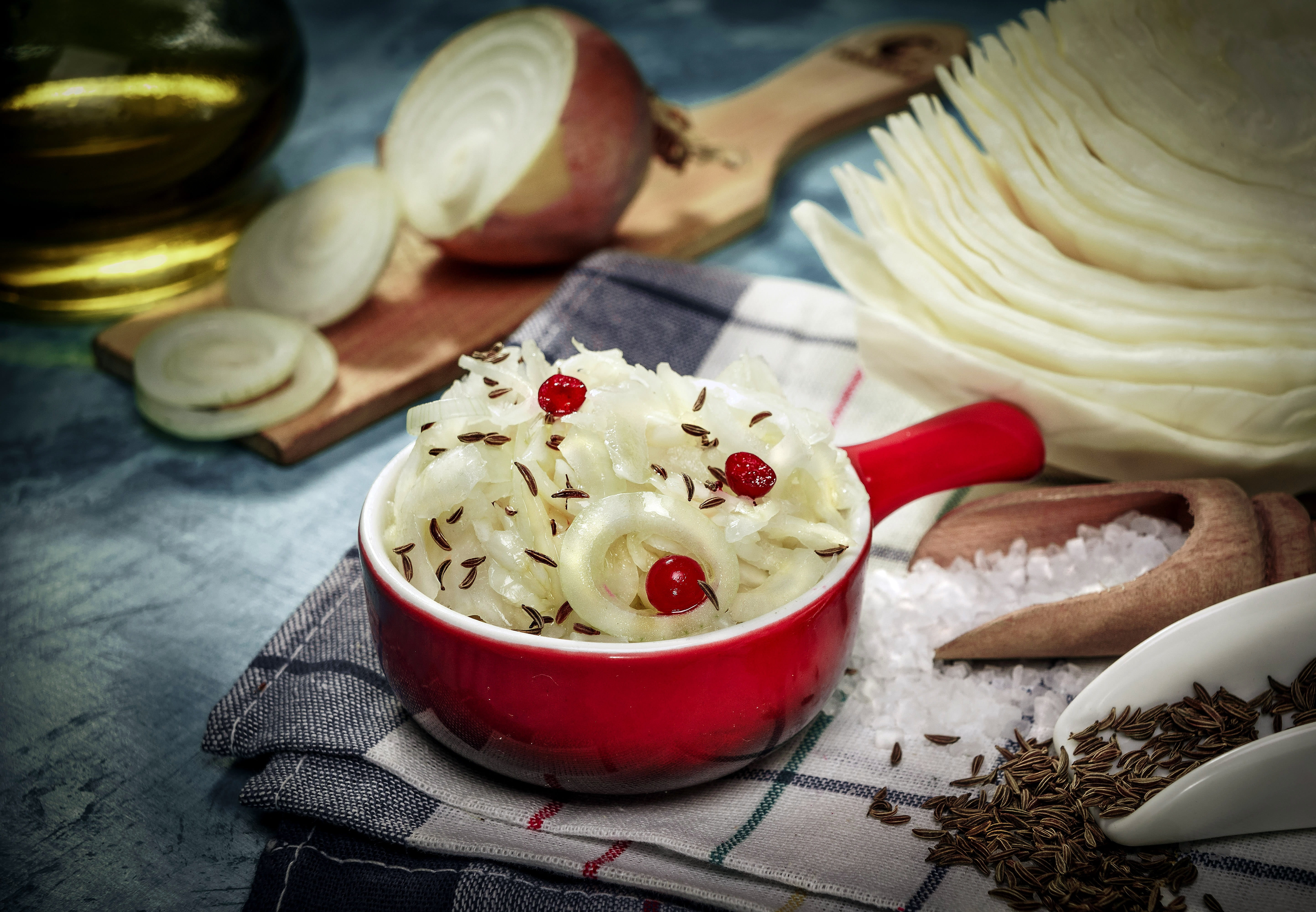 vegetable, caraway seed, indoors, no people, 5K, tomato, ingredient, still life, kraut, food, cheese, food and drink, ready-to-eat, cabbage, table, focus on foreground, HD Wallpaper