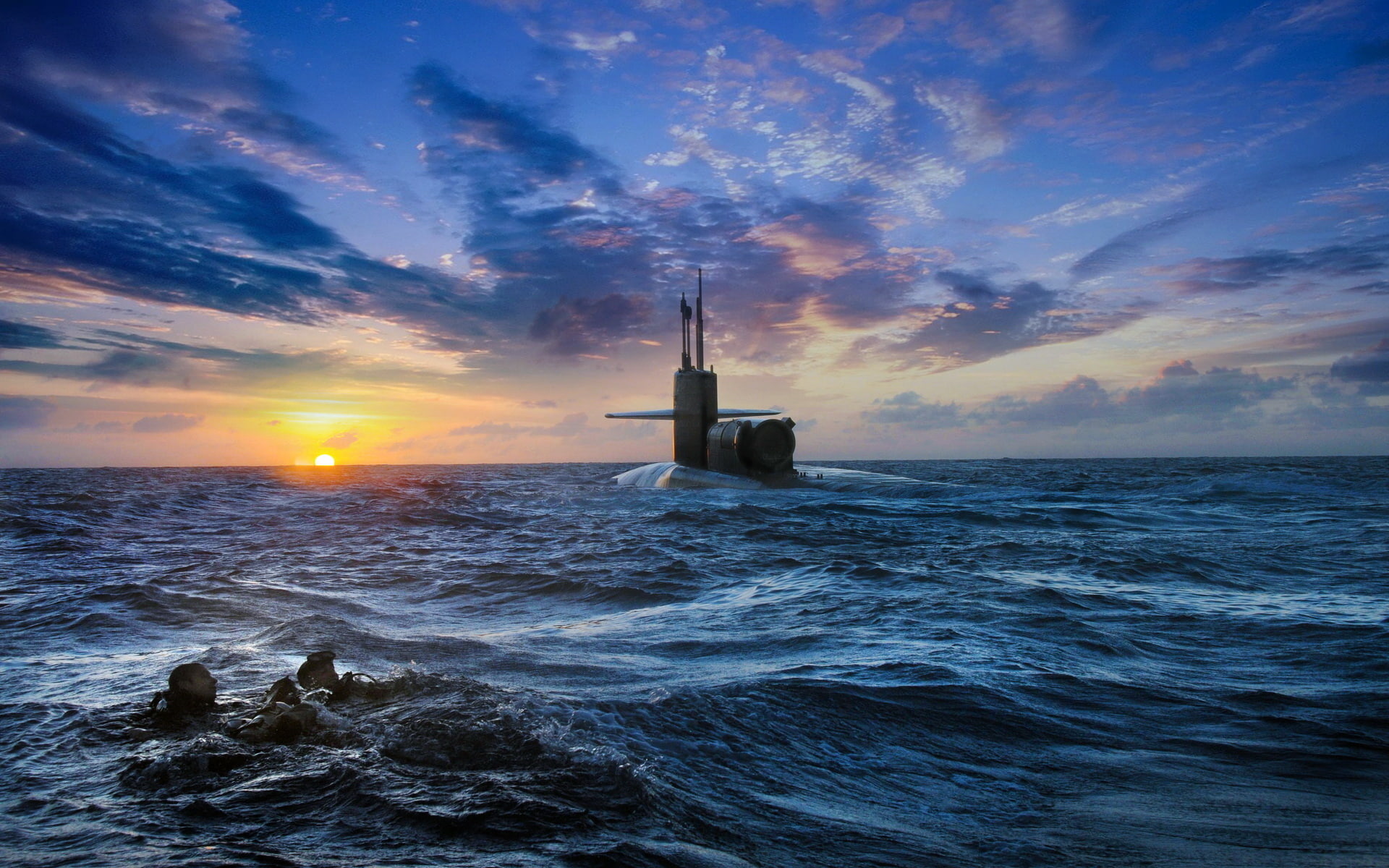 military, seals, navy, sea, sunrise, 1080P, submarines, weapons, soldiers, hdr, clouds, ocean, warriors, sky, sunset, HD Wallpaper