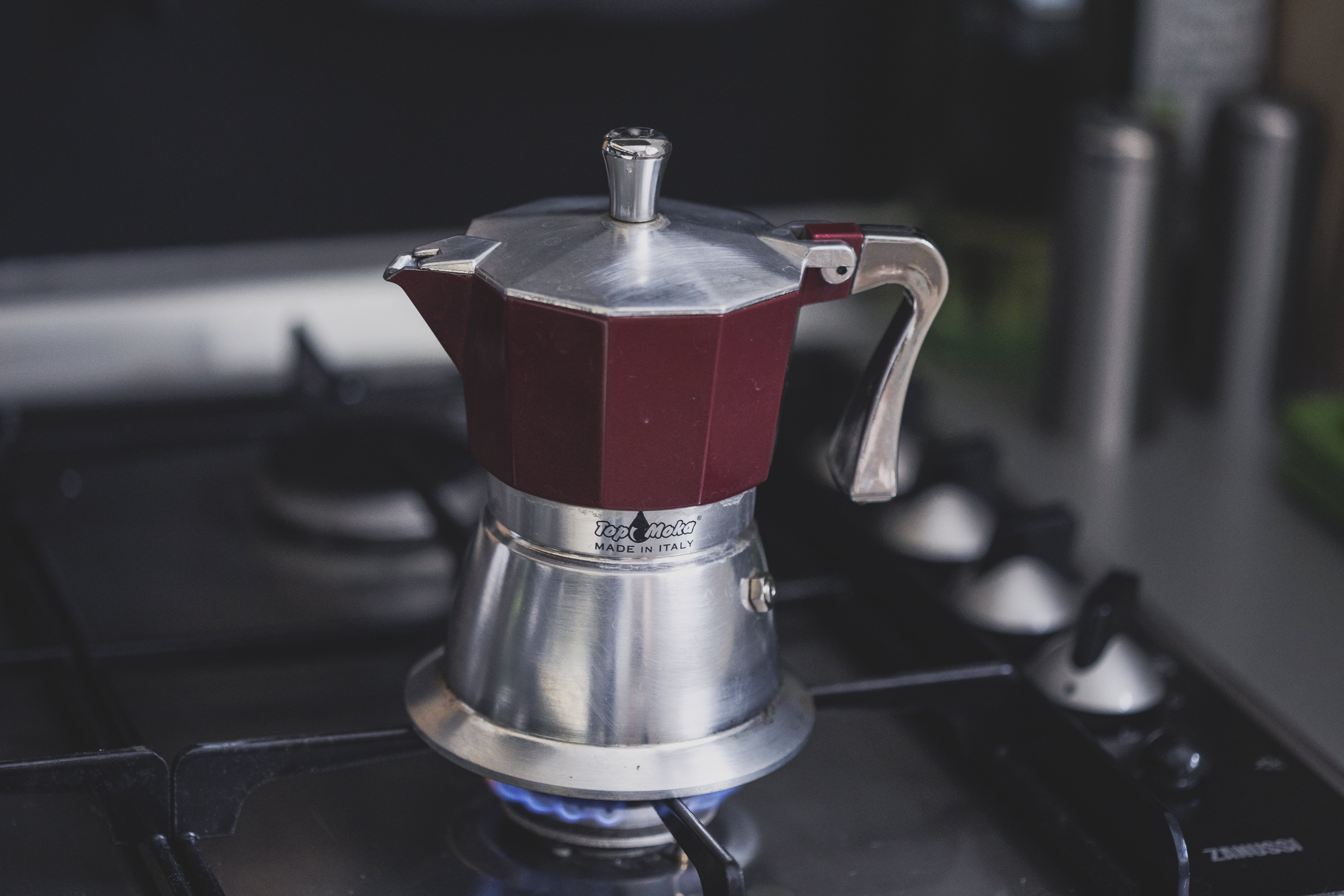 coffee - Drink, percolator, stove, gas stove, focus on foreground, kitchen, 5K, coffee pot, domestic kitchen, coffee Maker, preparation, red, no people, HD Wallpaper